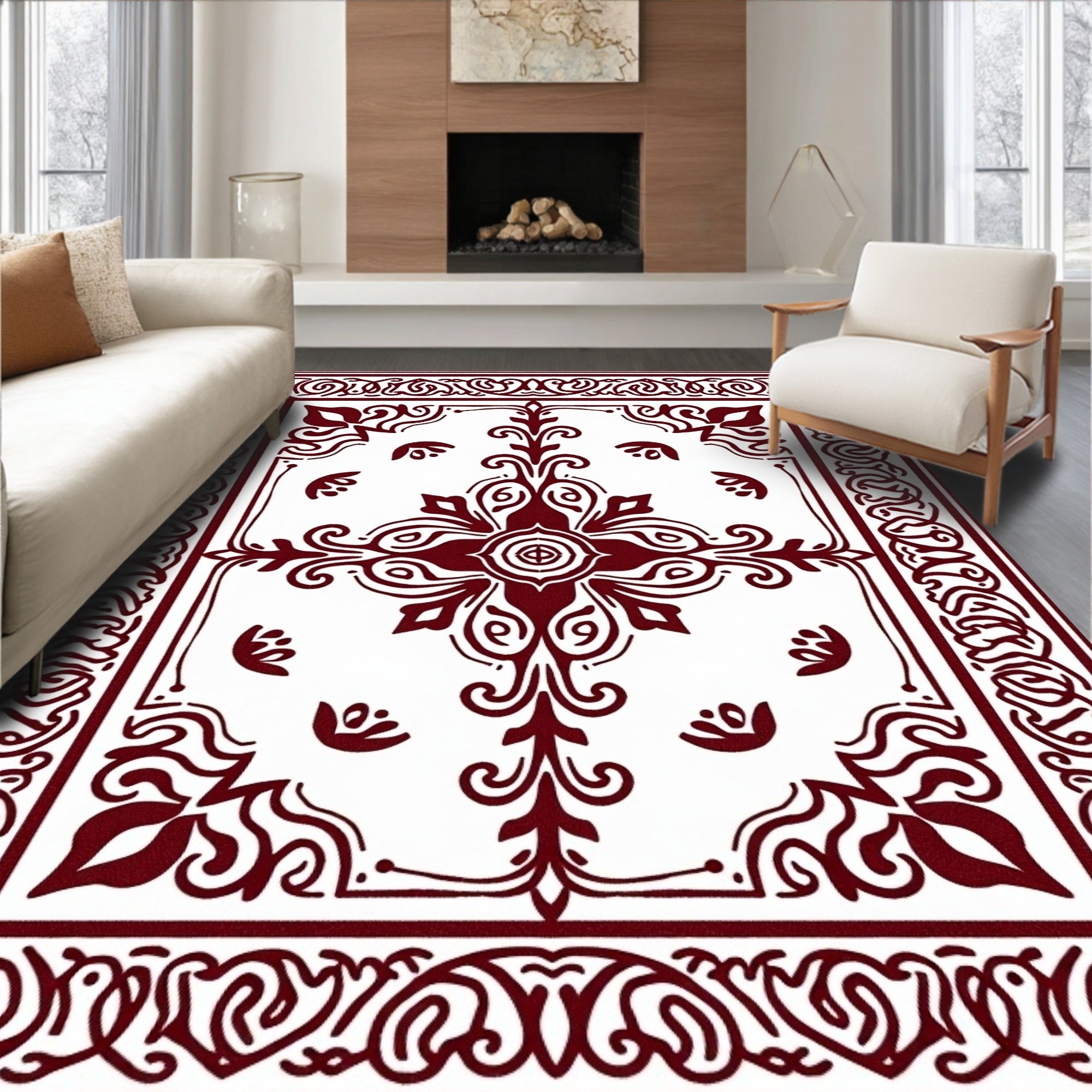Crimson Medallion Floral Scroll Borders Rug