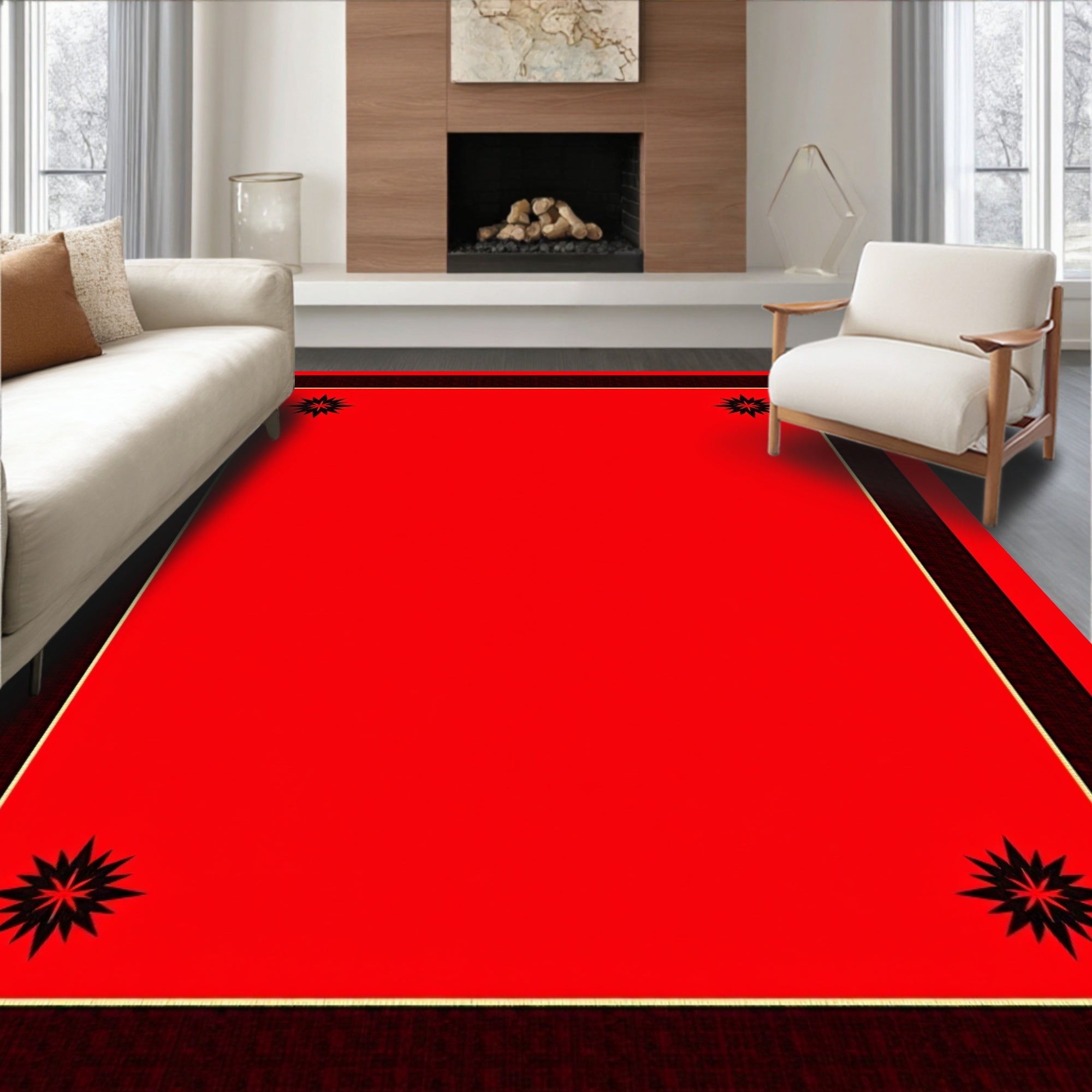 Bold Red Starburst Border Rug