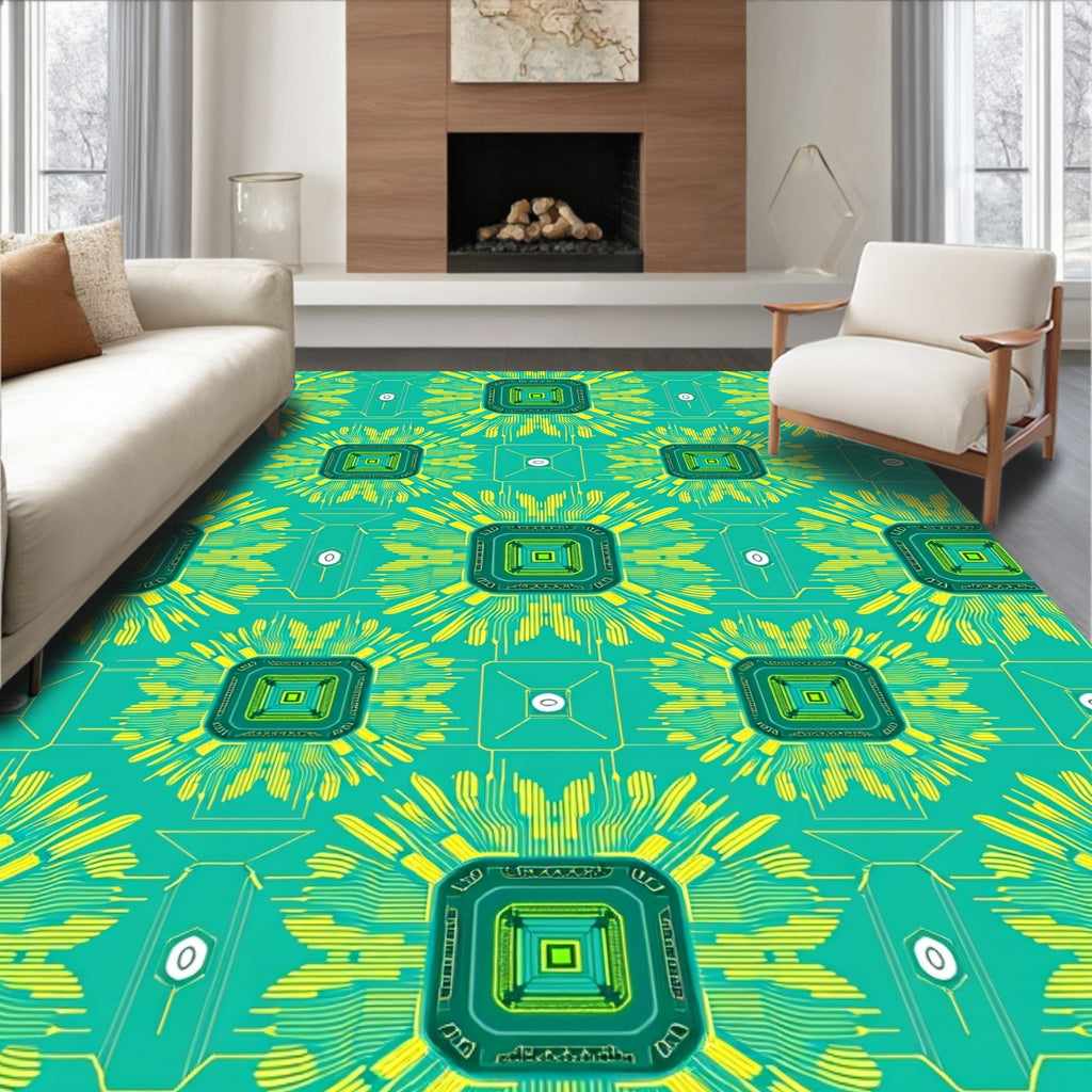 Tech Circuit Teal Yellow Square Rug
