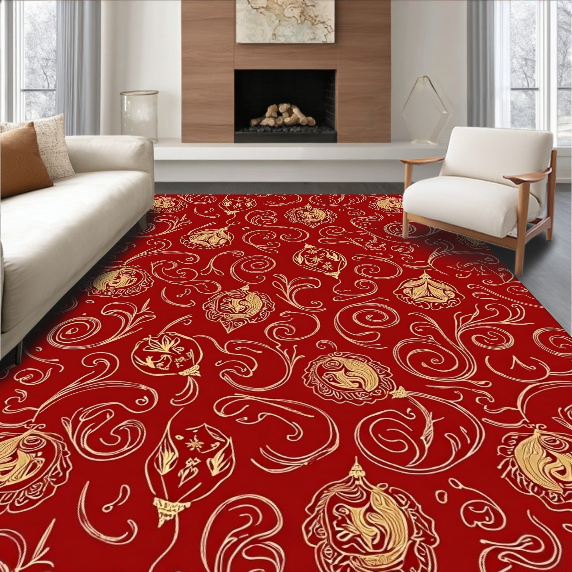 Red Gold Ornate Vintage Bauble Swirl Rug