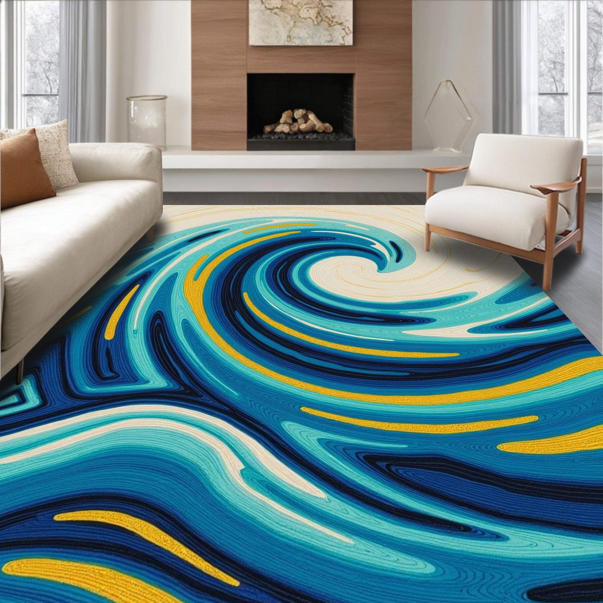 Oceanic Blue Swirl Gold Accents Rug