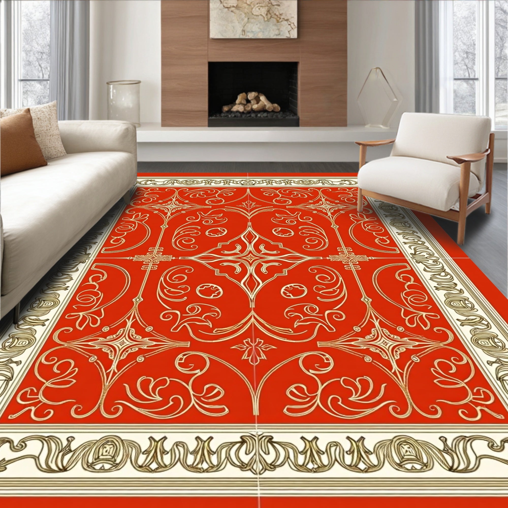 Elegant Gold Red Filigree Medallion Rug