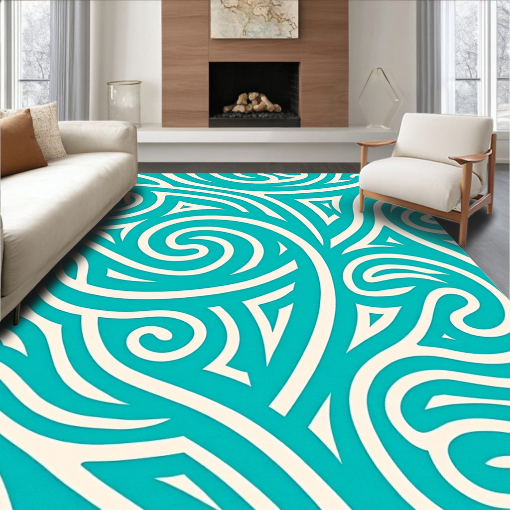 Turquoise Cream Swirl Abstract Lines Rug