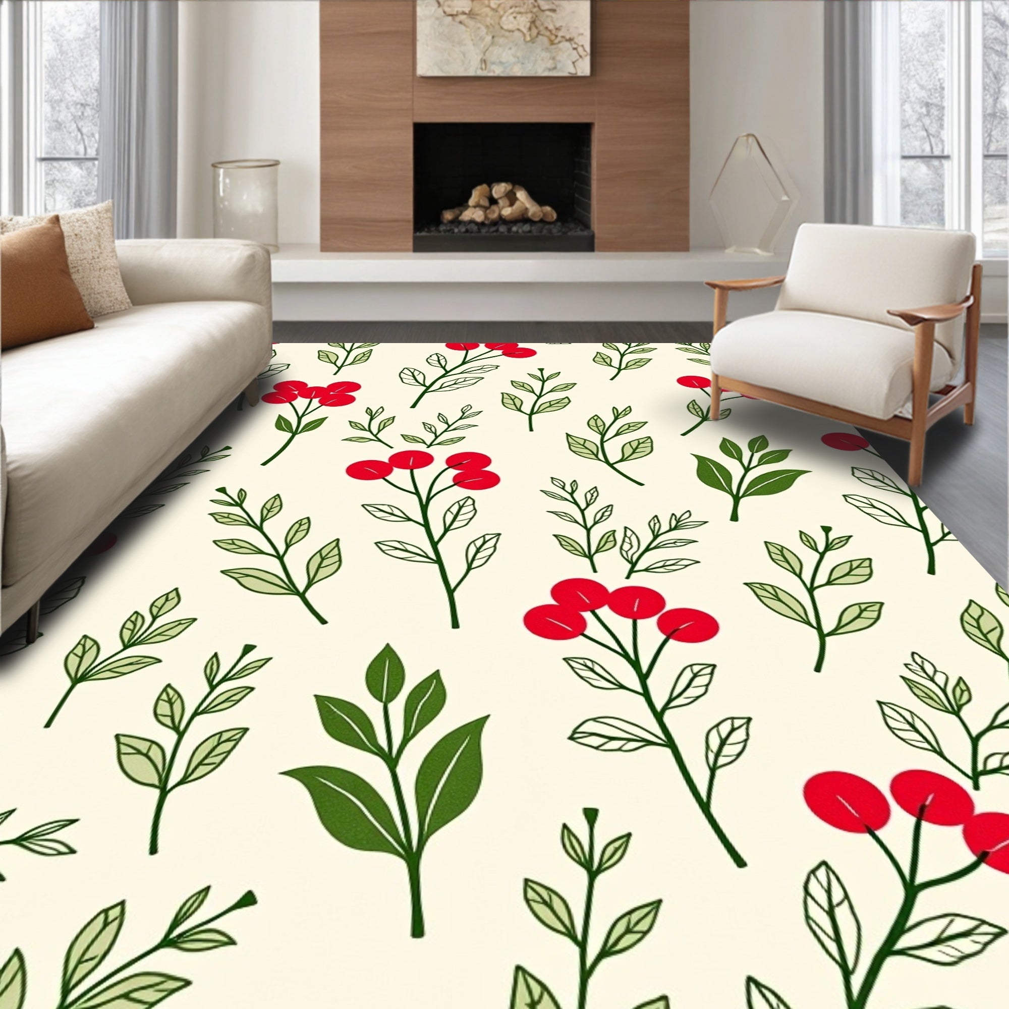 Crimson Berry Branch Botanical Background Rug