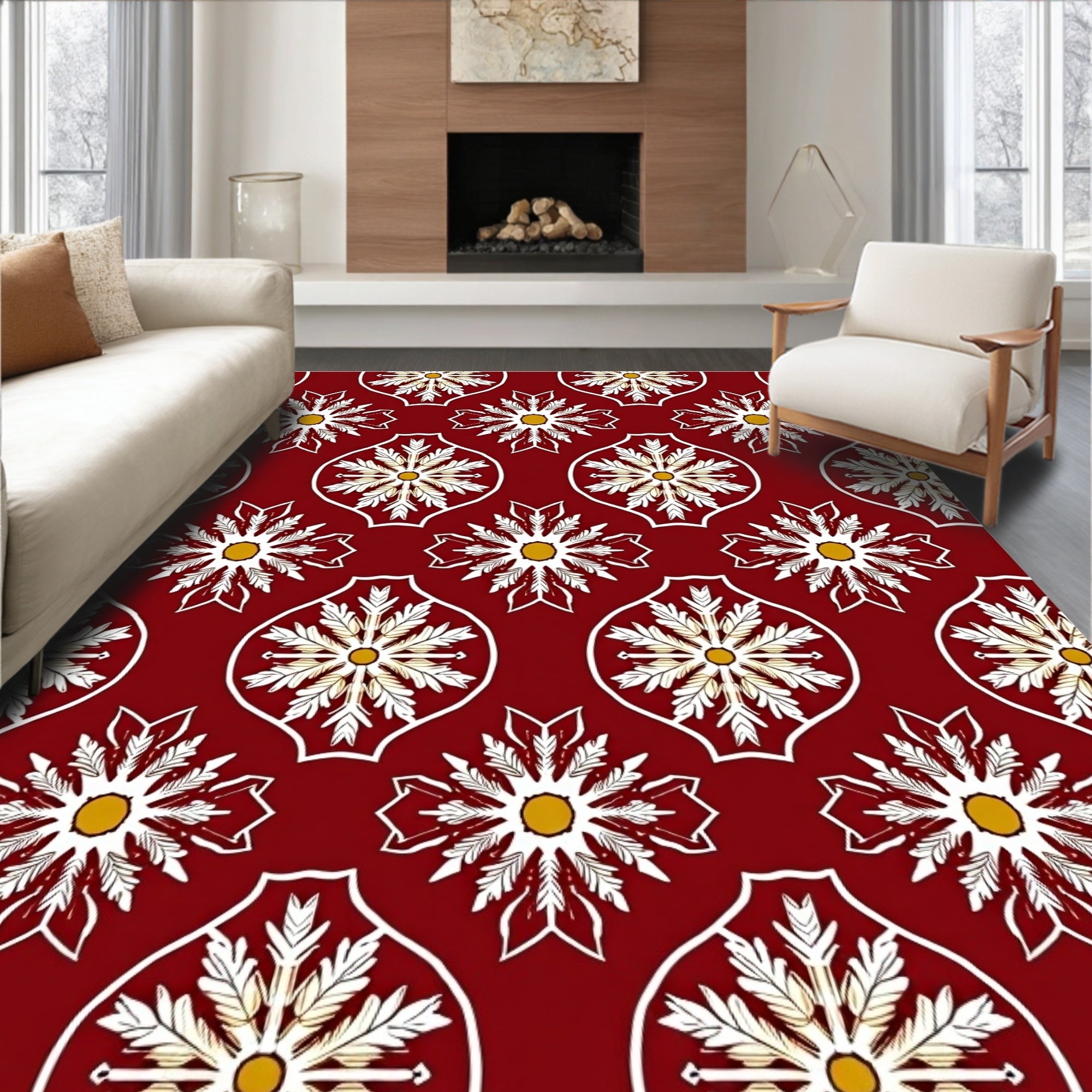 Crimson White Golden Floral Medallion Rug