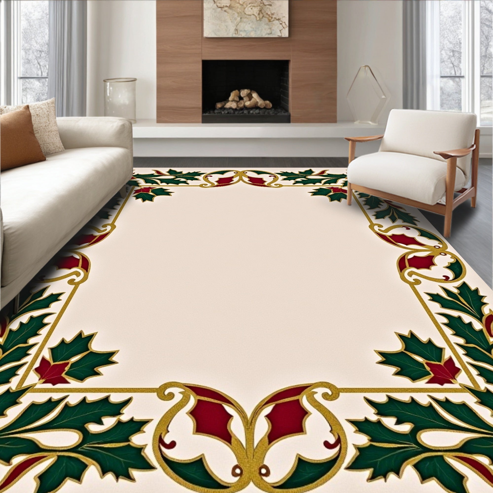 Crimson Holly Leaf Golden Border Rug