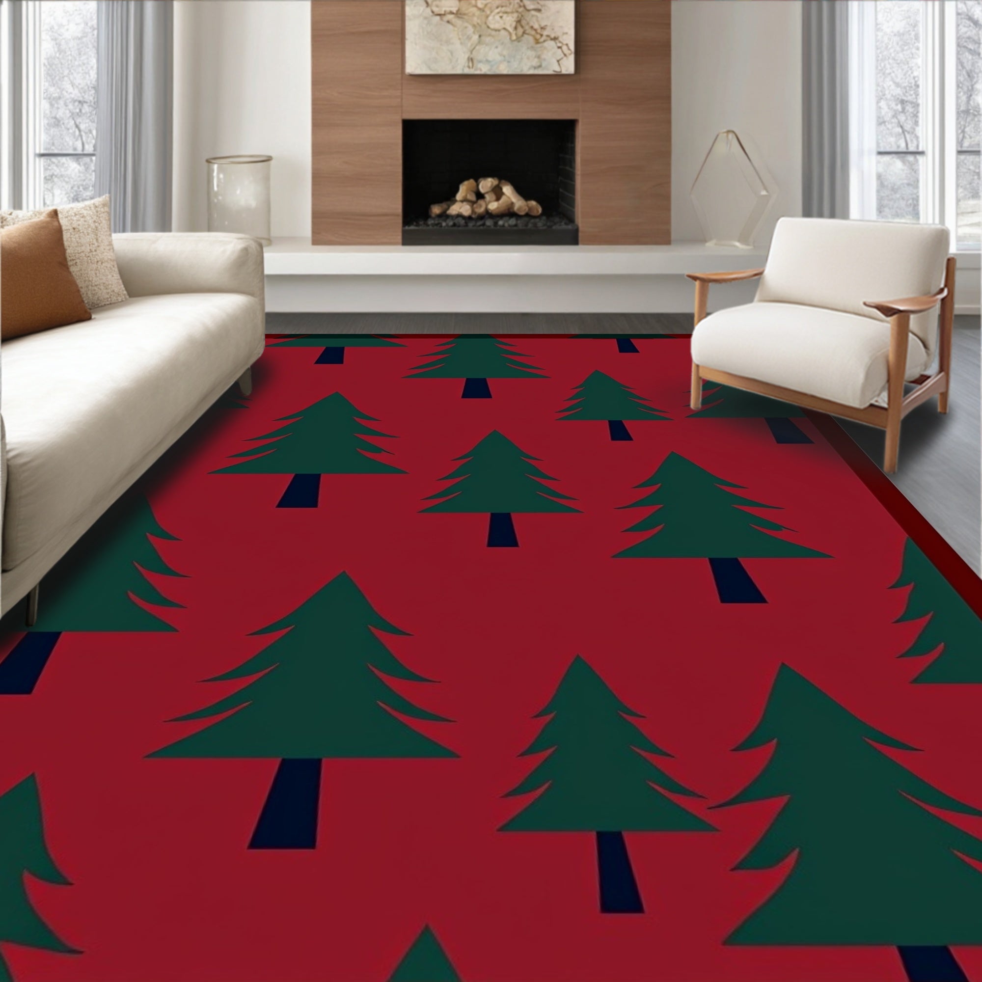 Forest Green Christmas Trees Red Rug