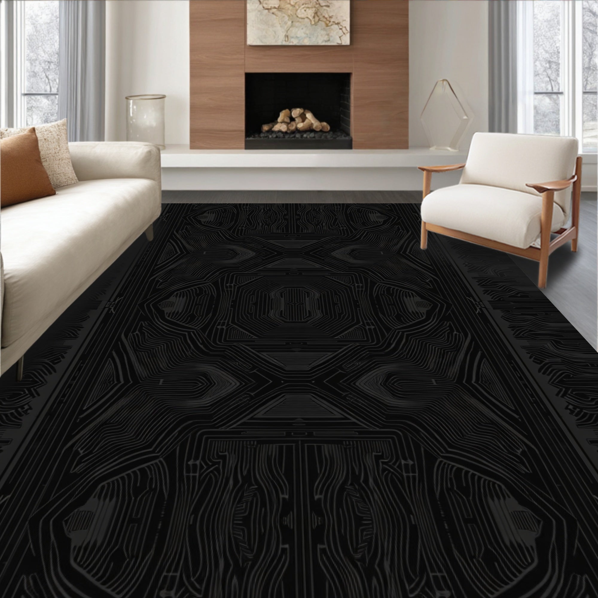 Dark Gray Geometric Circuit Board Rug