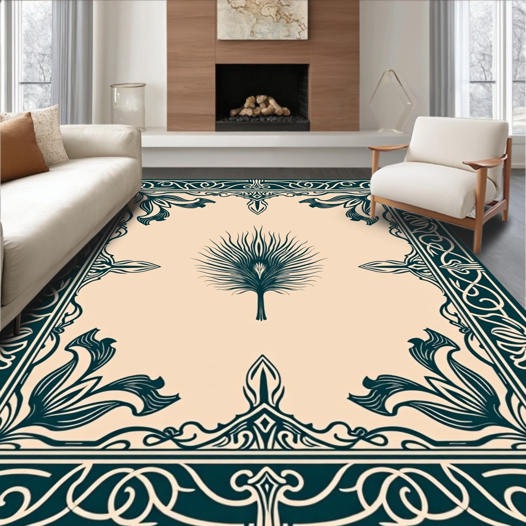Green Palm Leaf Frame Rug