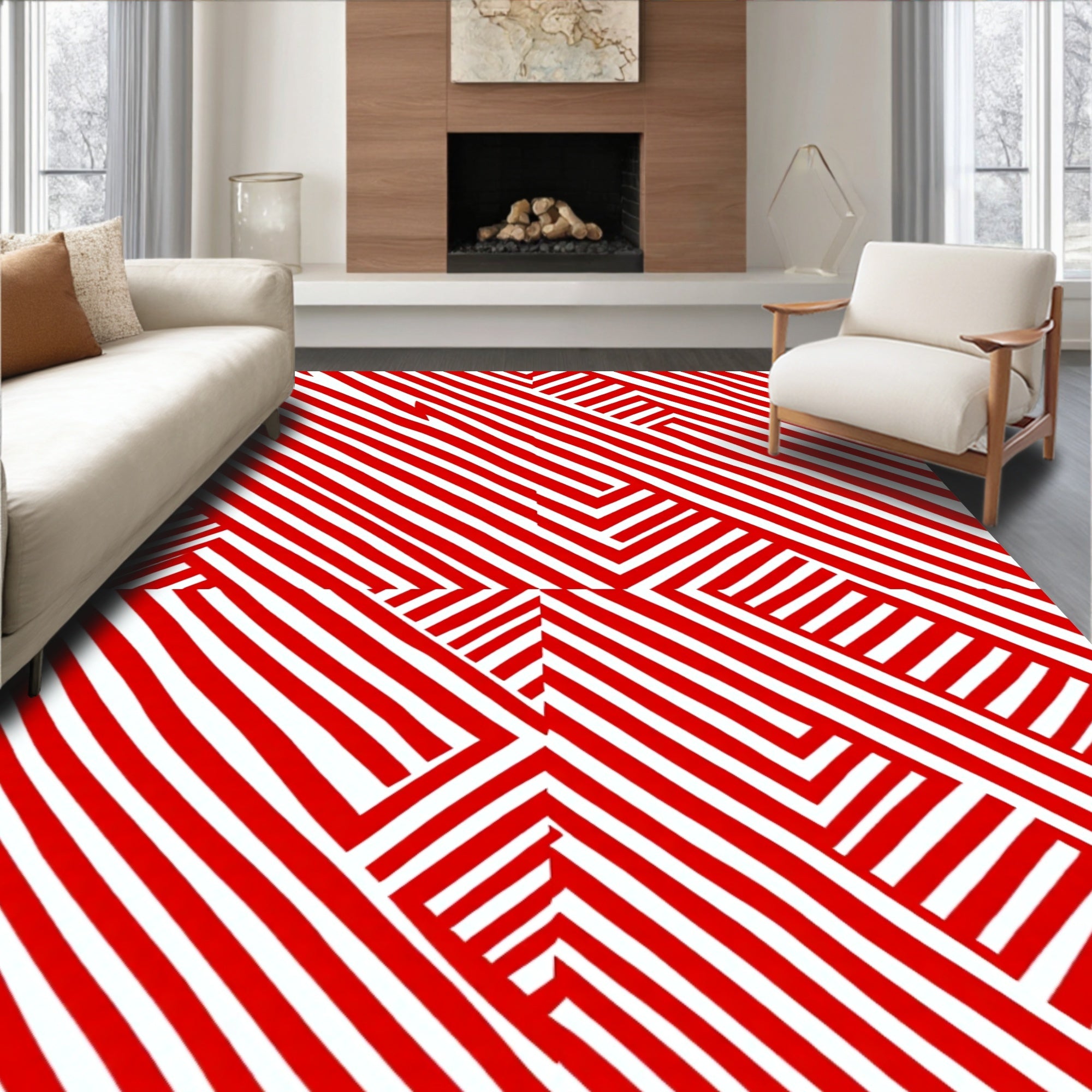 Bold Red Linear Intersecting Maze Rug