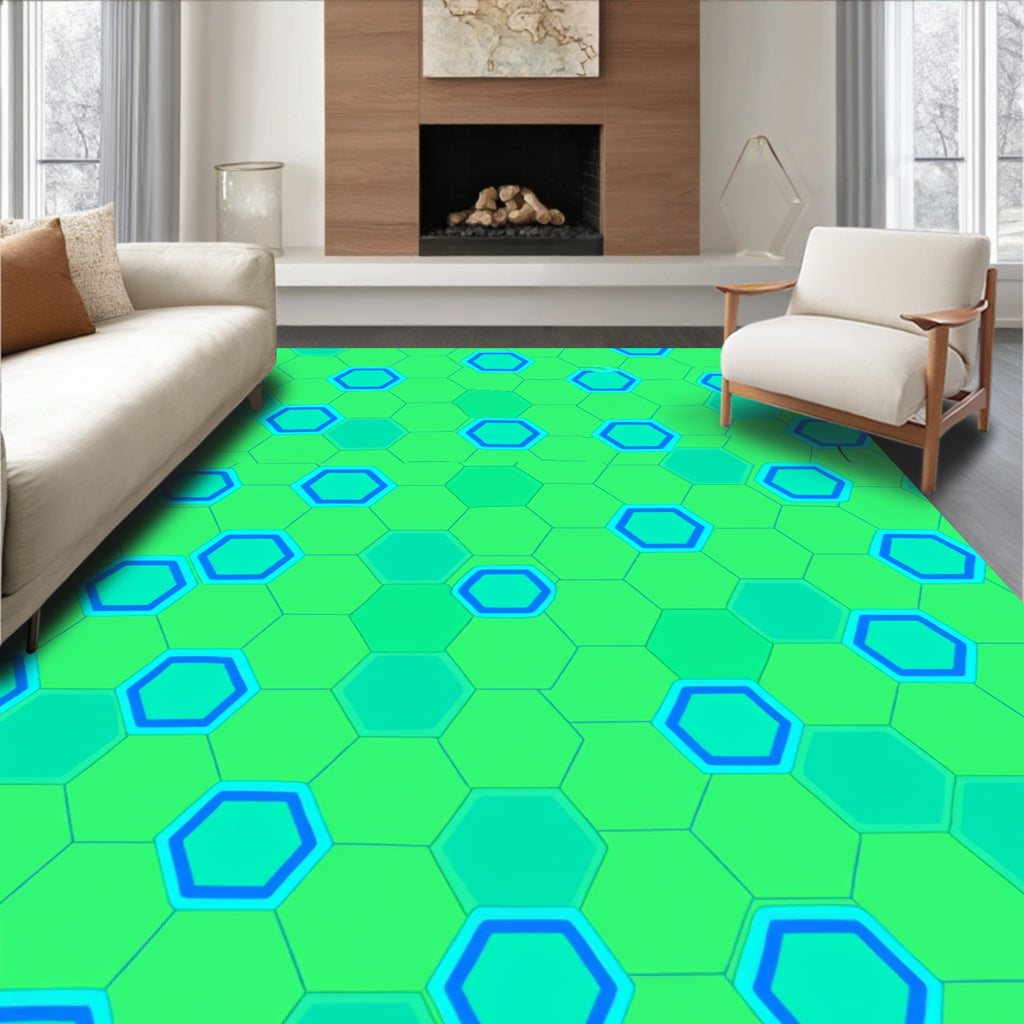 Vibrant Green Blue Hexagon Grid Rug