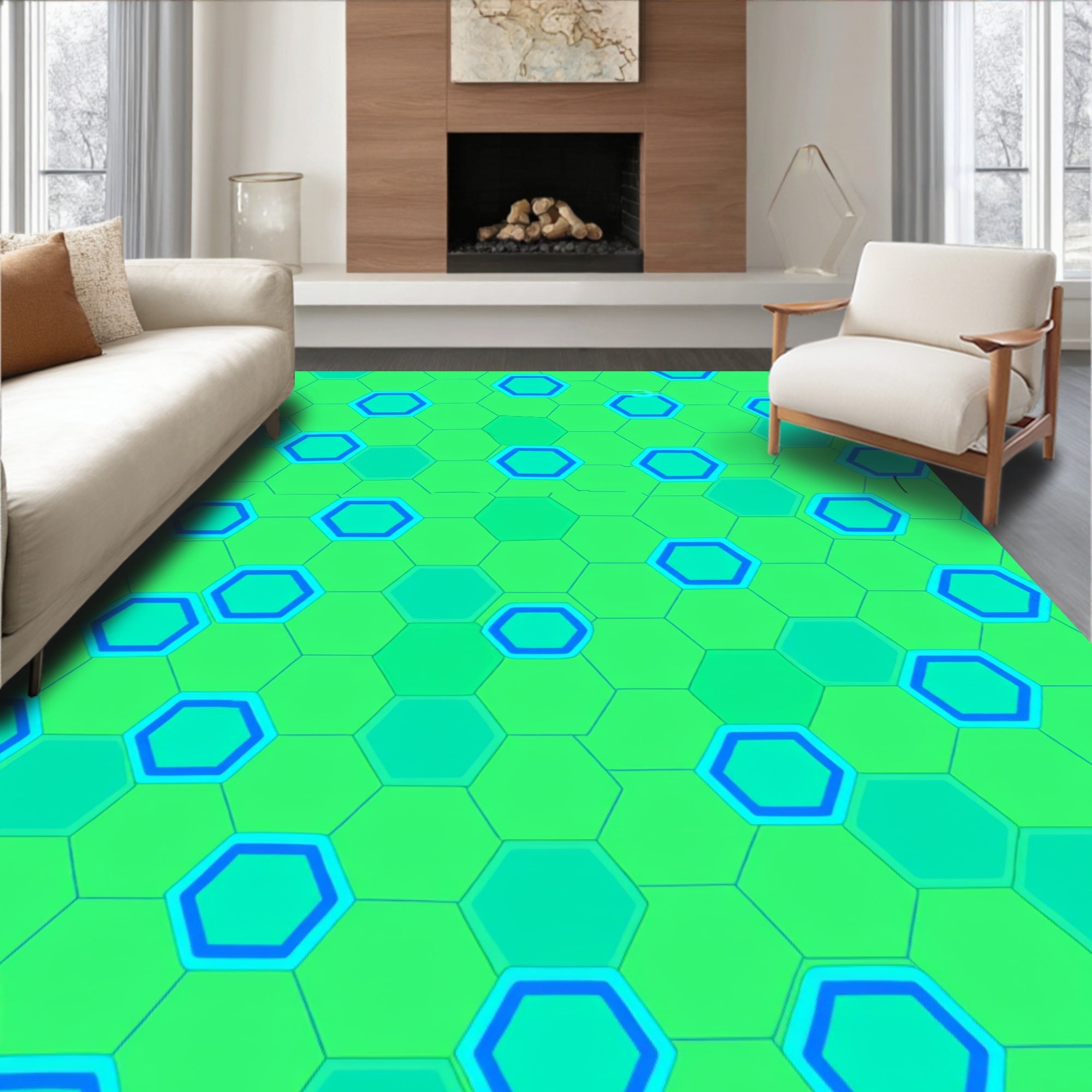 Vibrant Green Blue Hexagon Grid Rug