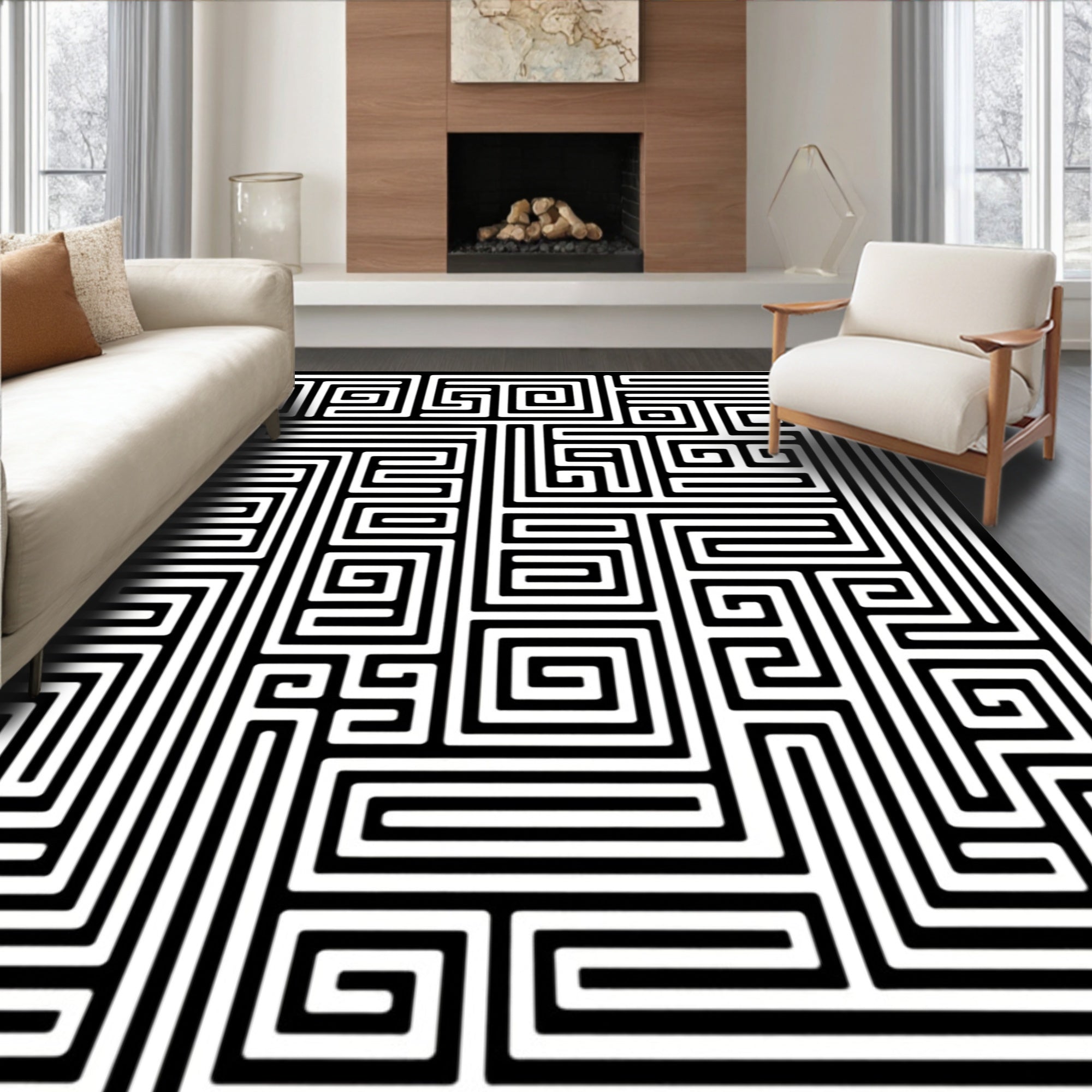 Black and White Geometric Maze Rug