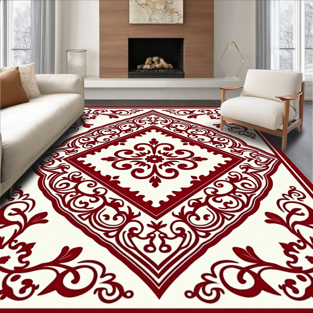 Deep Red Vine Medallion Layout Rug