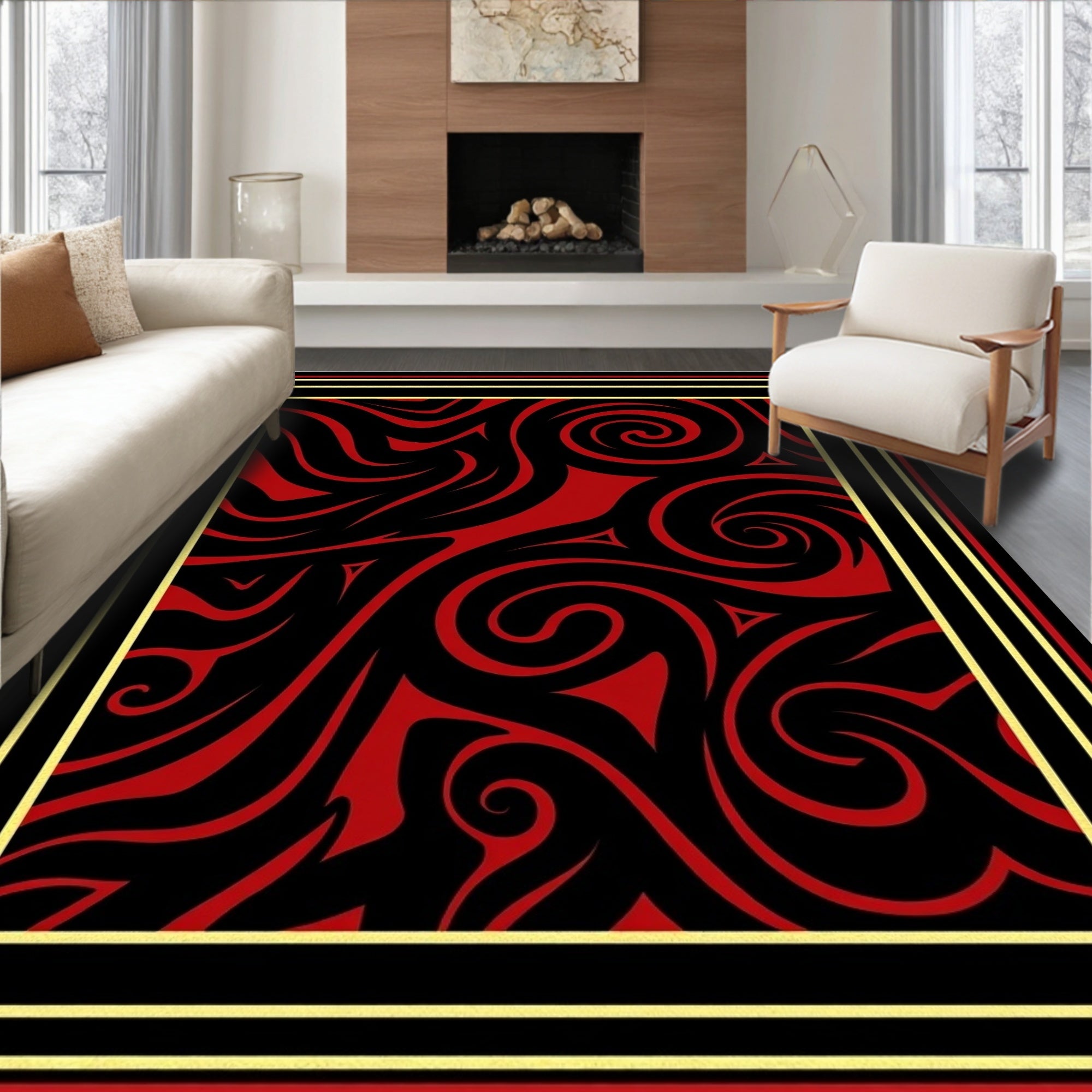 Crimson Swirls Black Abstract Rug