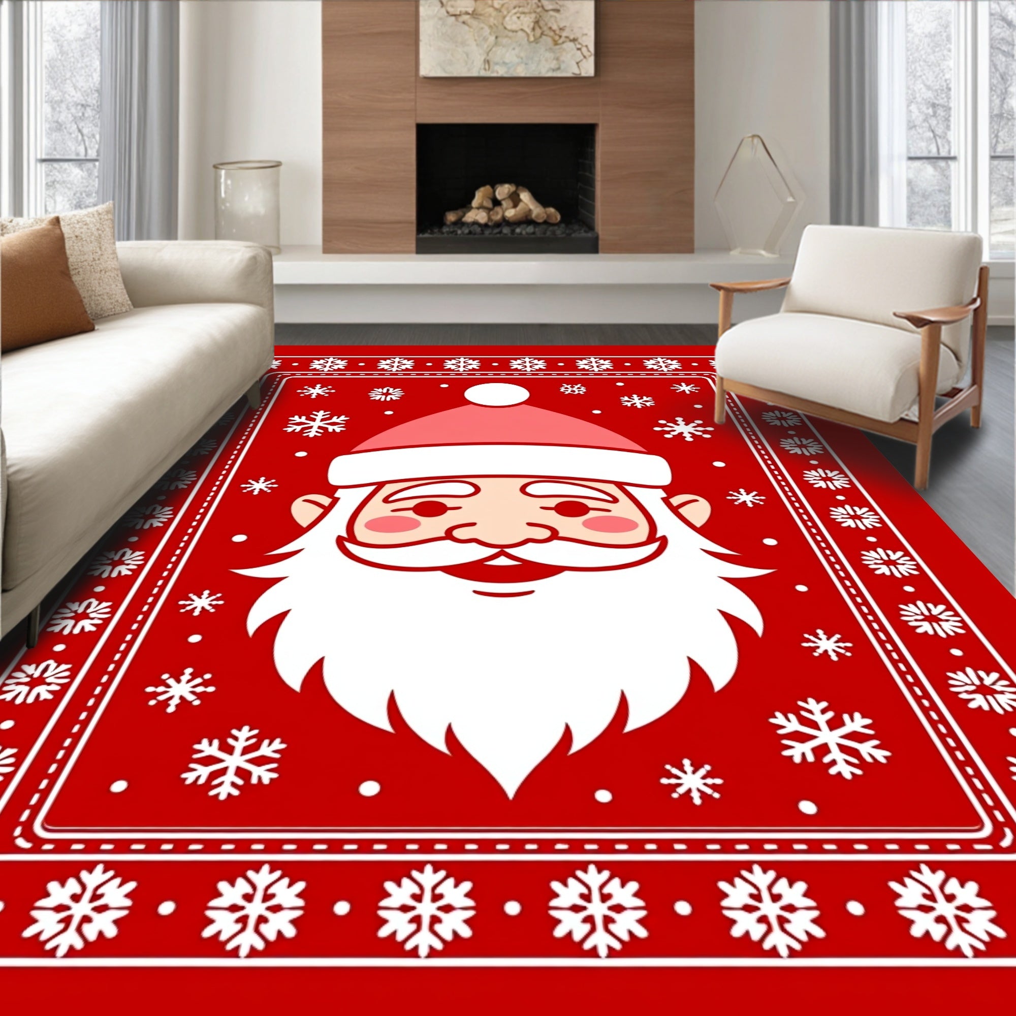 Jolly Santa Face Snowflake Border Rug