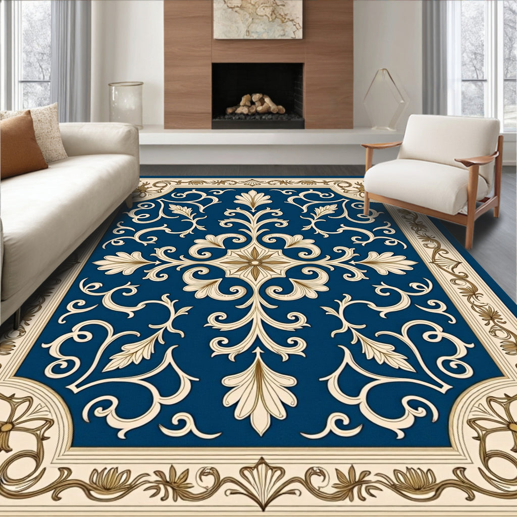 Regal Blue Gold Baroque Scroll Rug