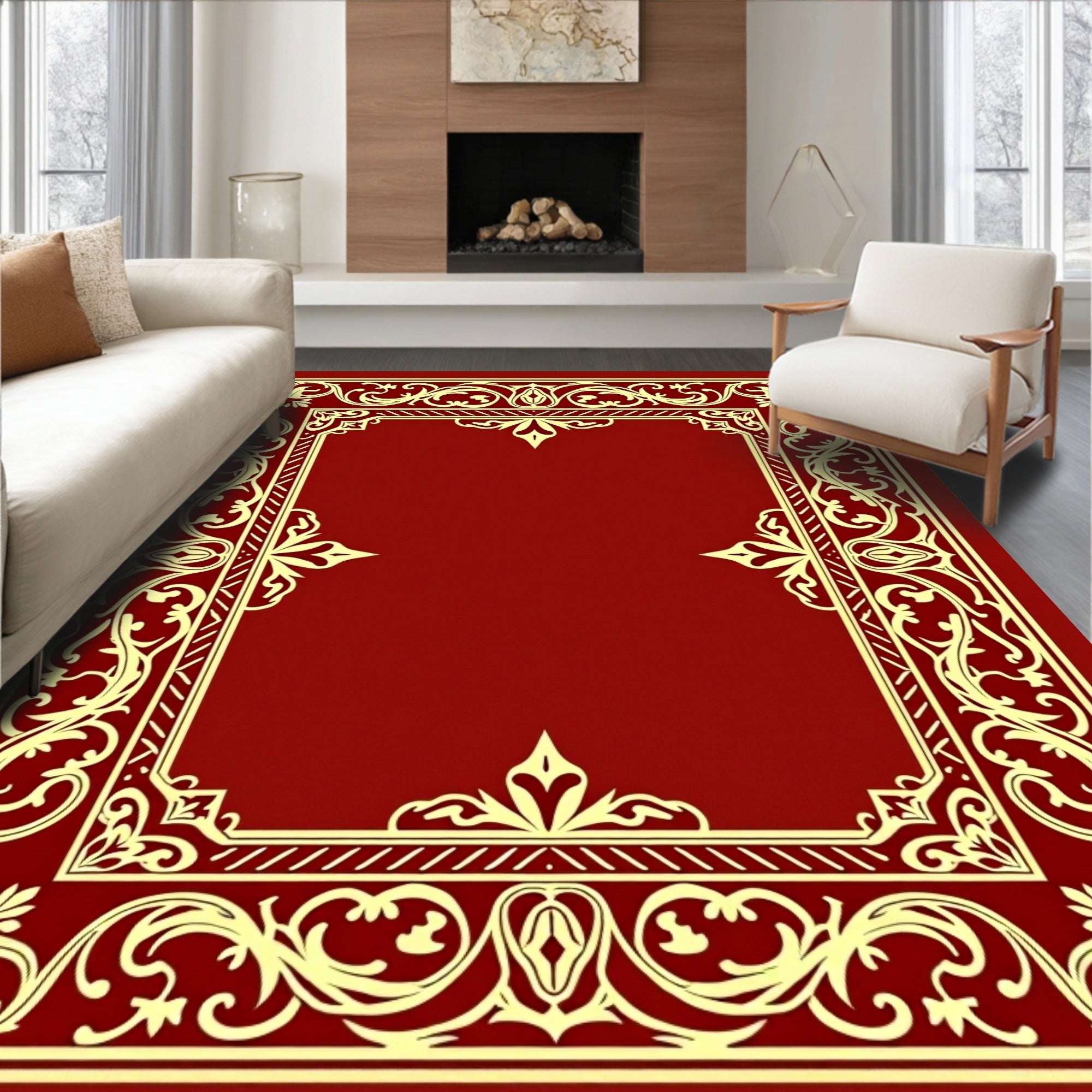 Crimson Yellow Ornate Scroll Border Rug