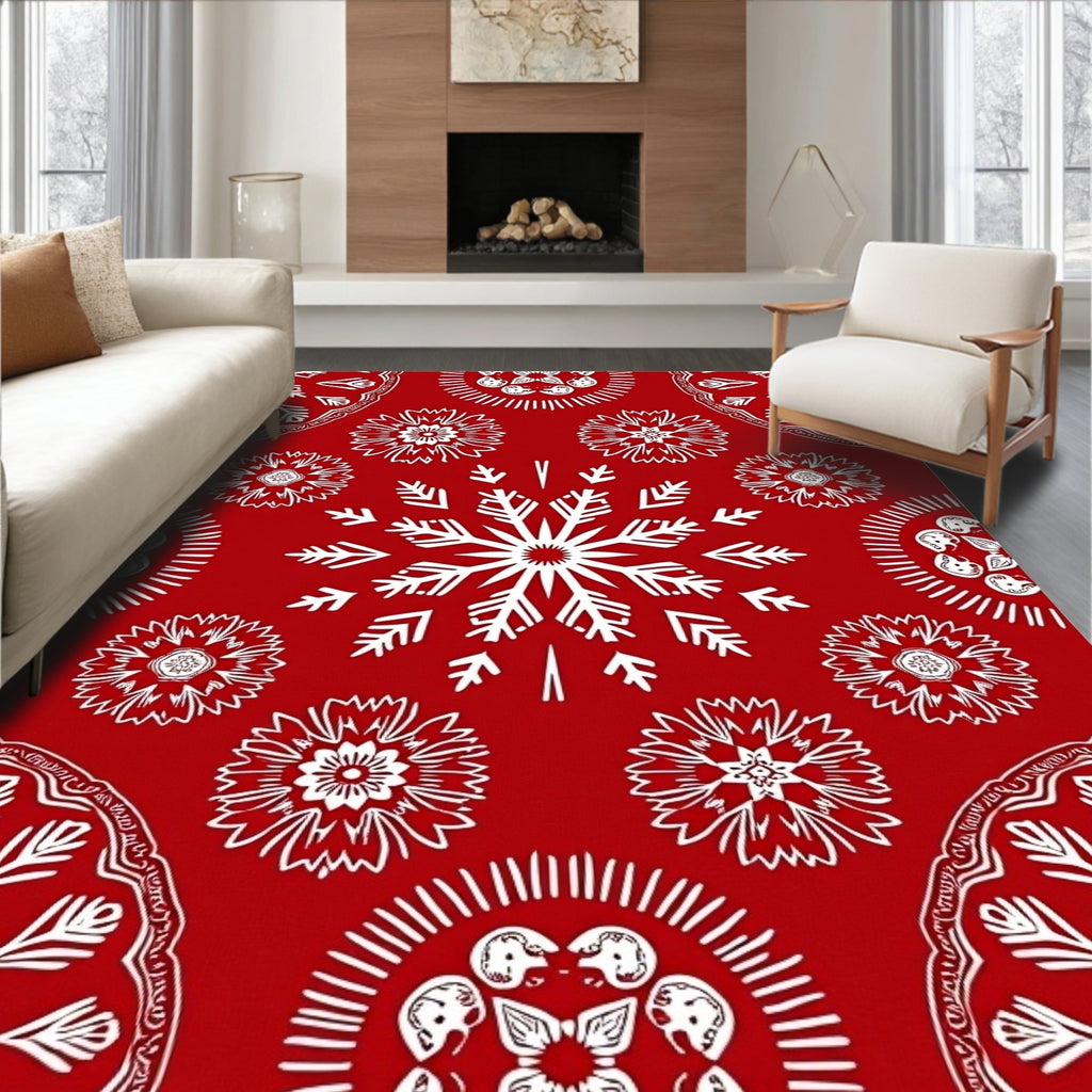 Crimson White Festive Snowflakes Medallions Rug