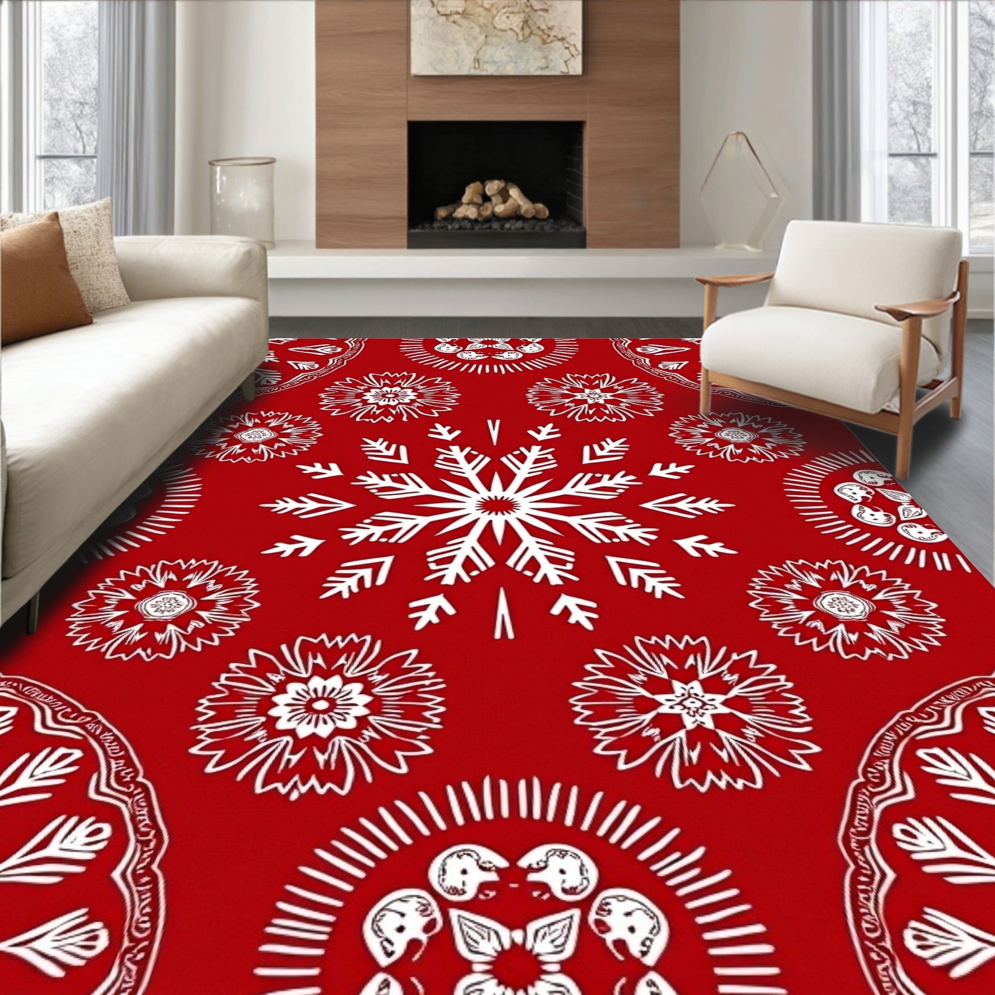 Crimson White Festive Snowflakes Medallions Rug