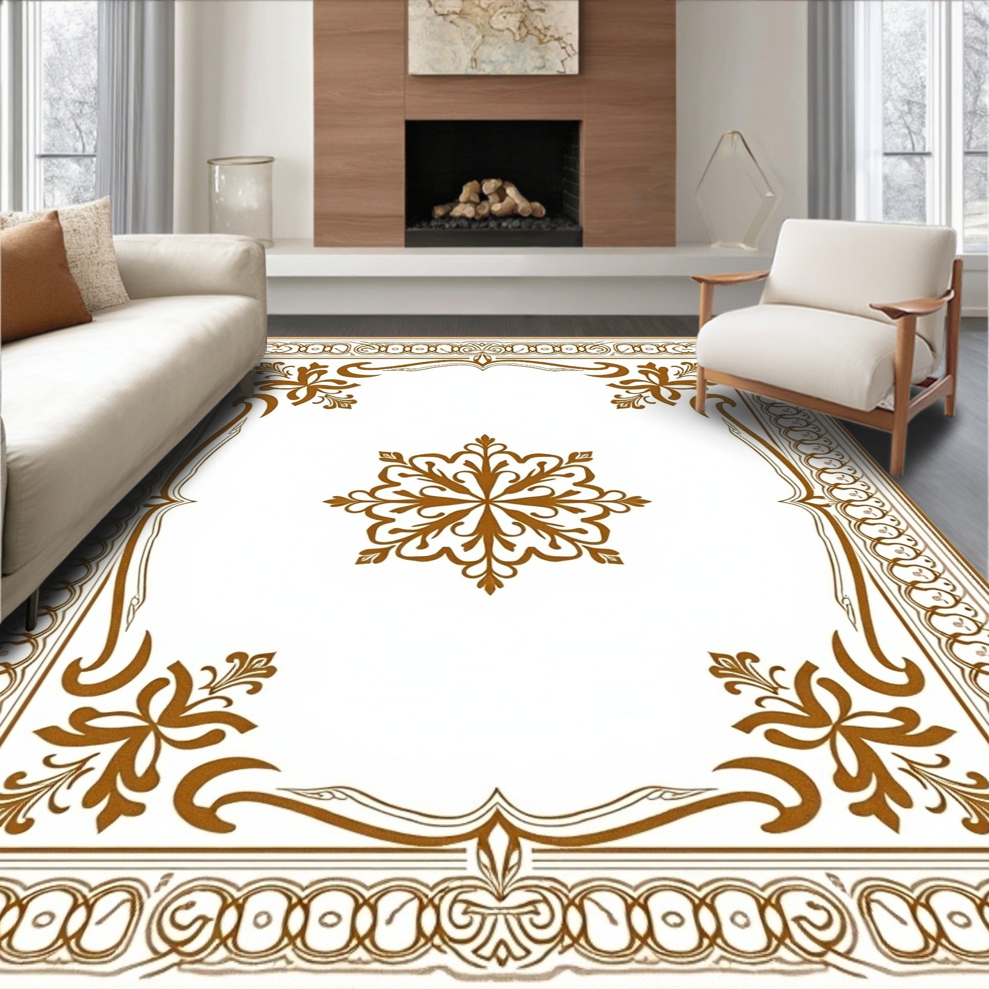Brown Ornate Floral Medallion Border Rug