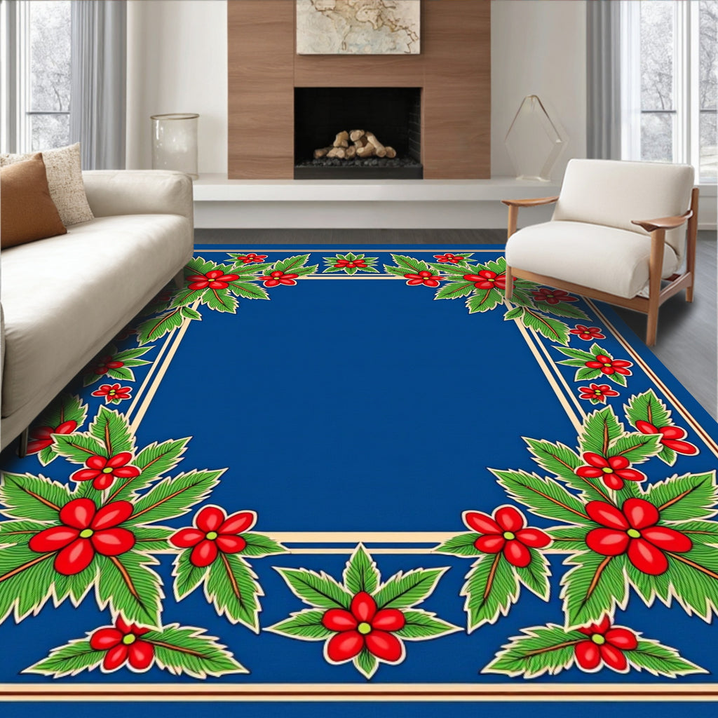 Crimson Floral Tropical Leaf Border Rug