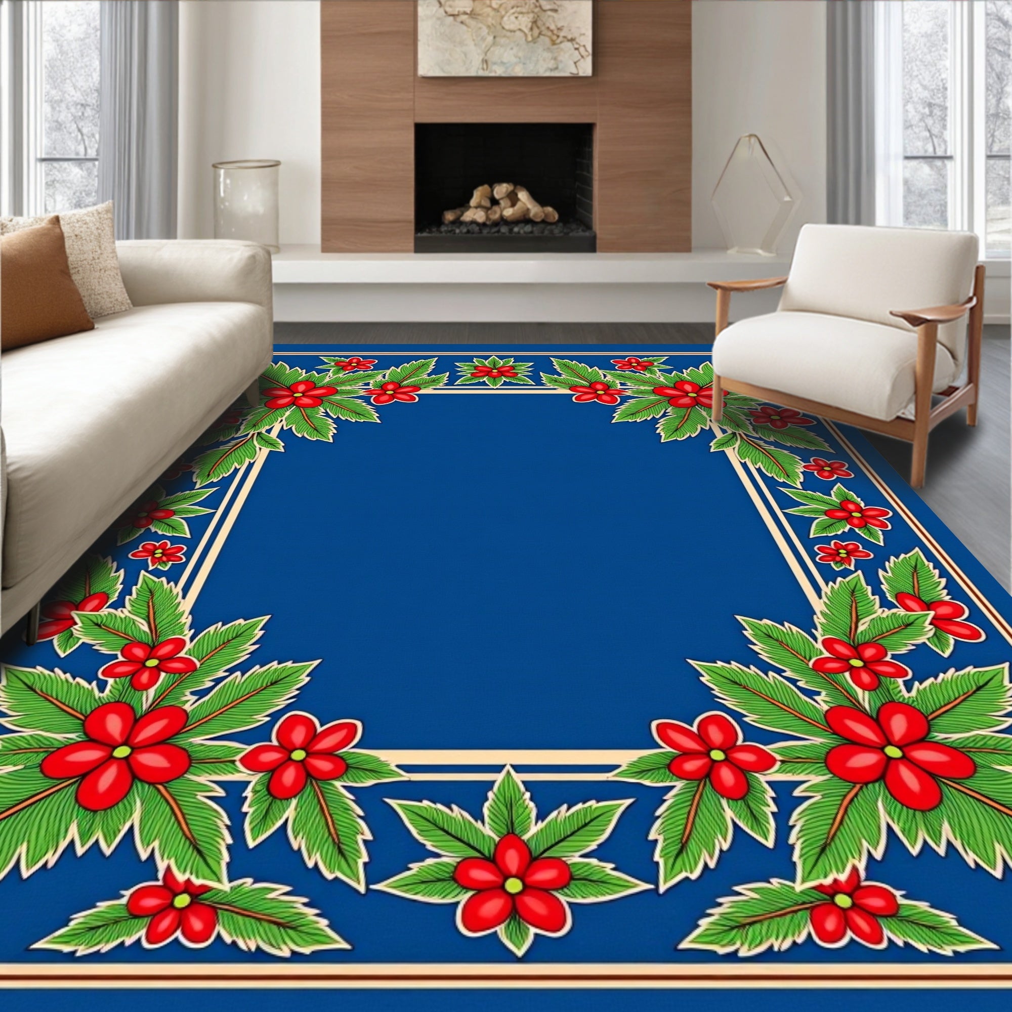 Crimson Floral Tropical Leaf Border Rug