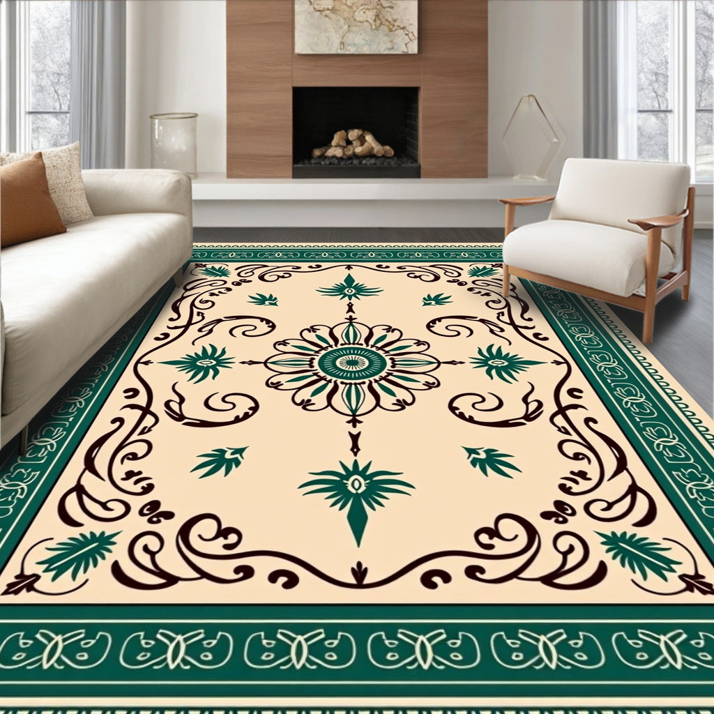 Emerald Green Floral Laurel Frame Rug