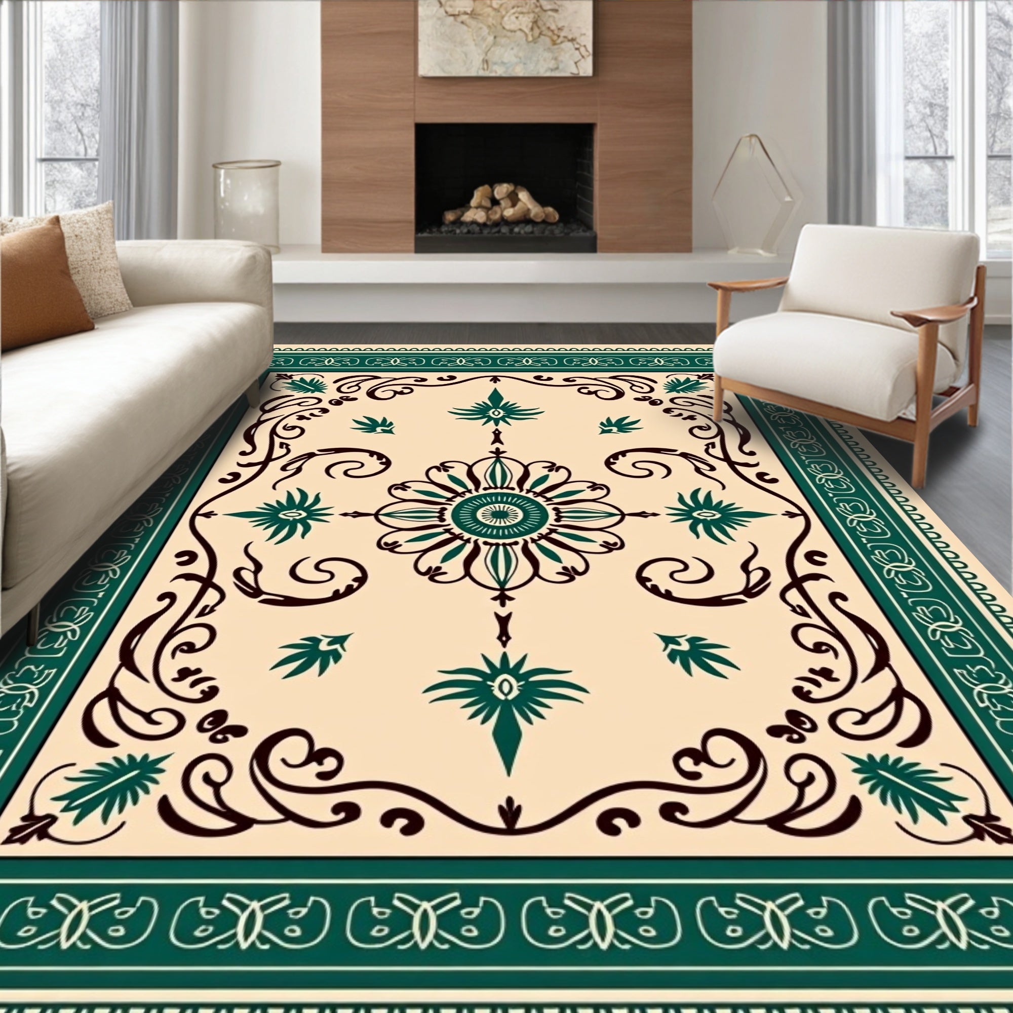 Emerald Green Floral Laurel Frame Rug