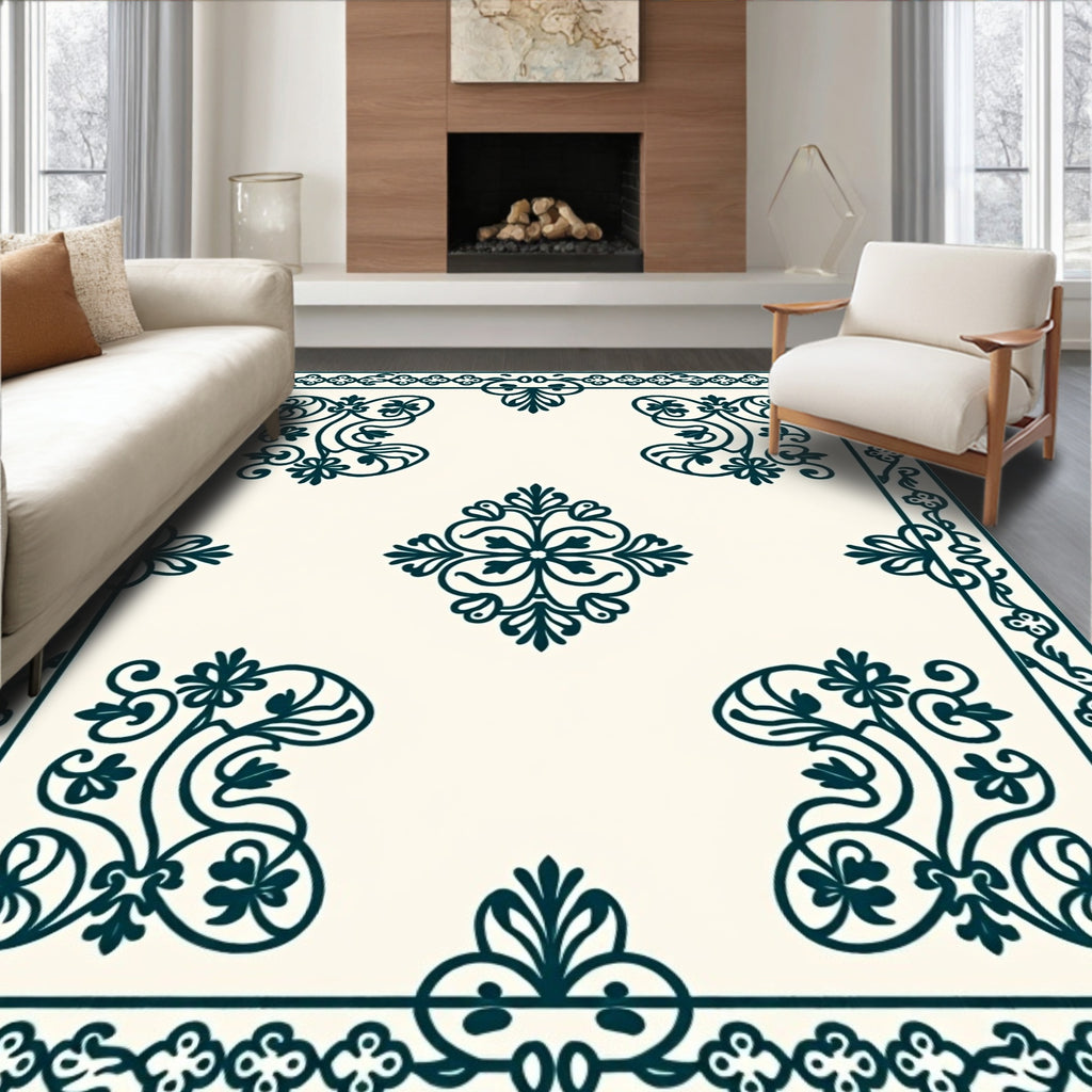 Dark Teal Vintage Floral Square Rug