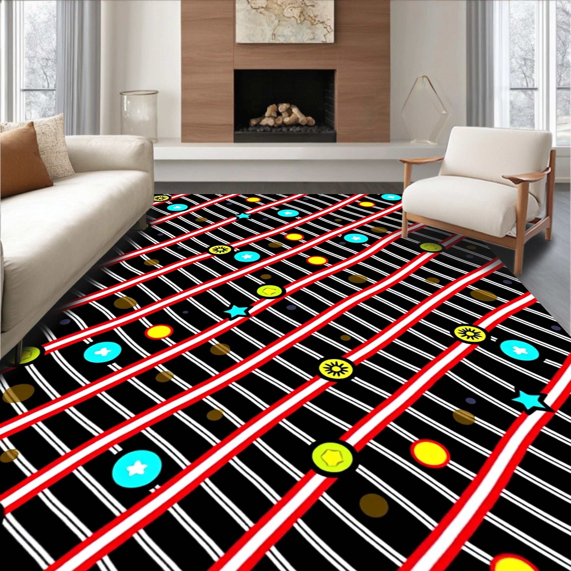 Bold Red Striped Celestial Scattered Icons Rug