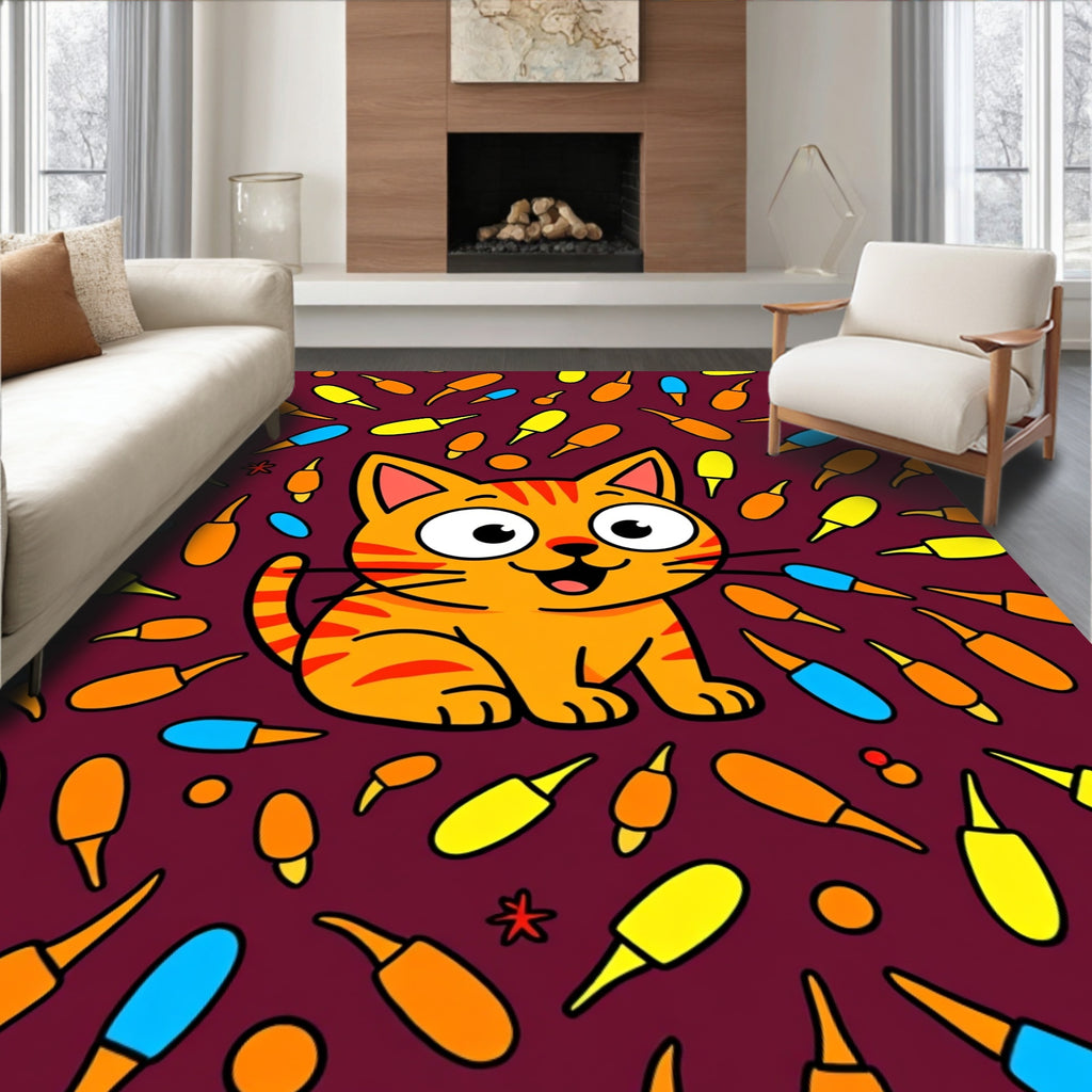 Cute Orange Cat Surrounded by Colorful Shapes Rug