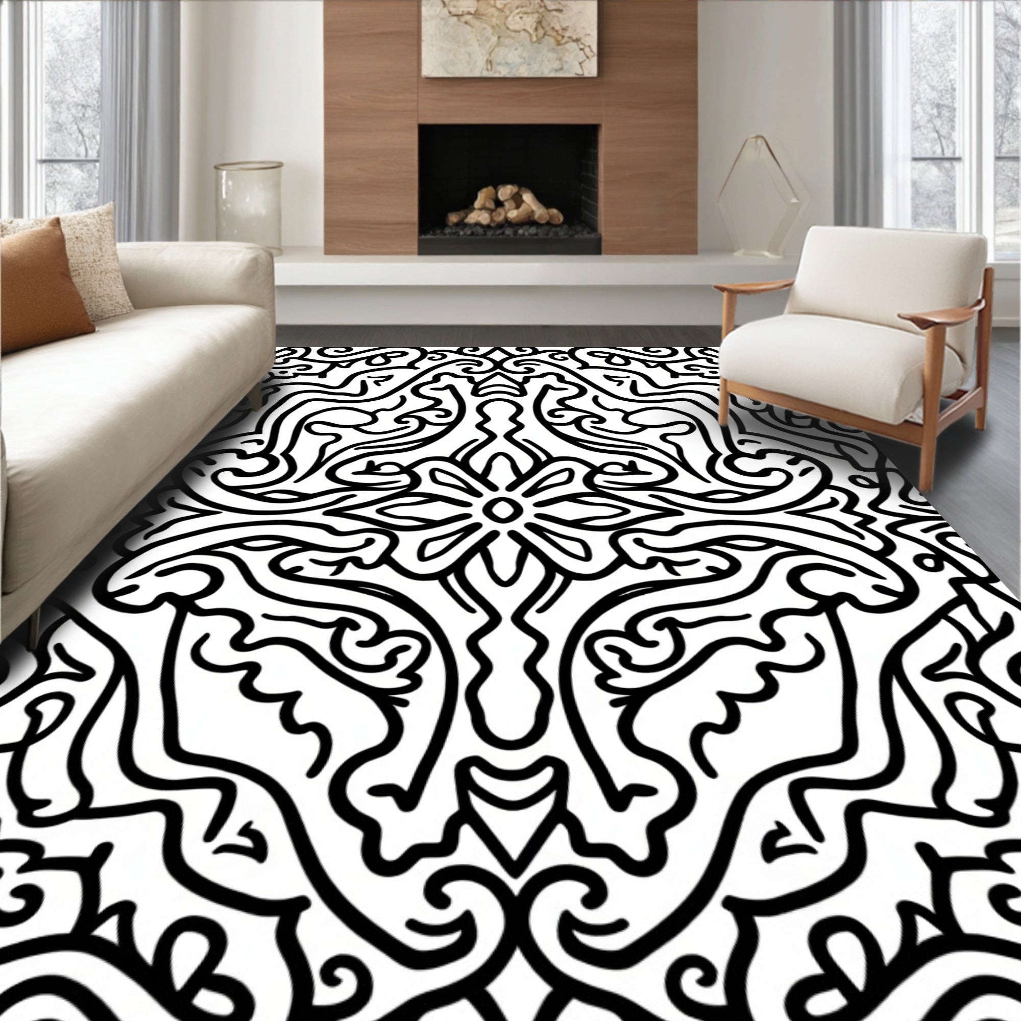 Black White Swirl Organic Abstract Rug