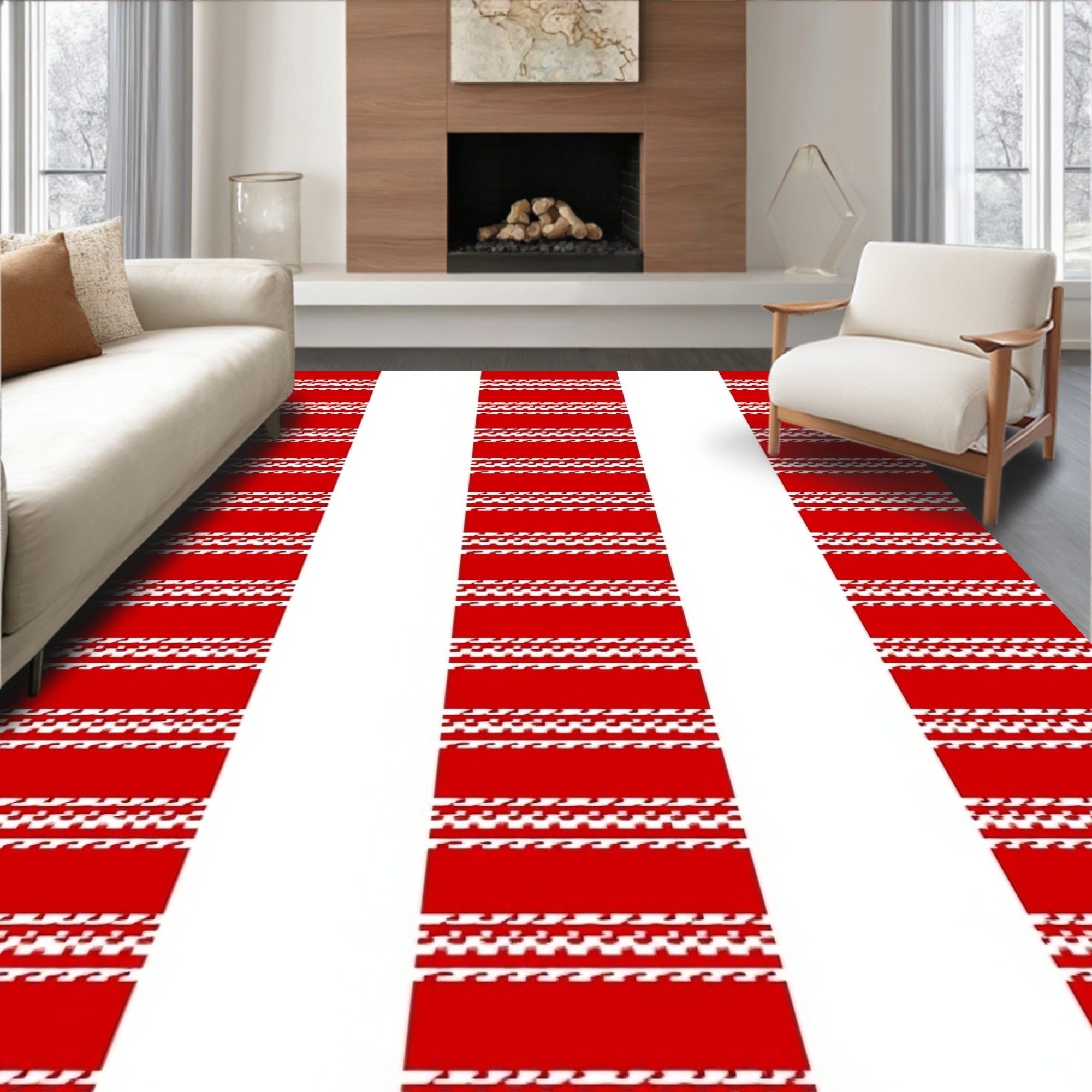 Crimson White Striped Vertical Bands Rug