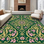 Emerald Pink Golden Floral Scroll Rug