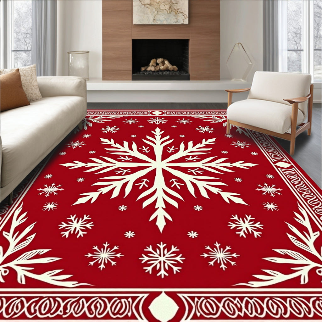 Crimson White Snowflake Cluster Border Rug