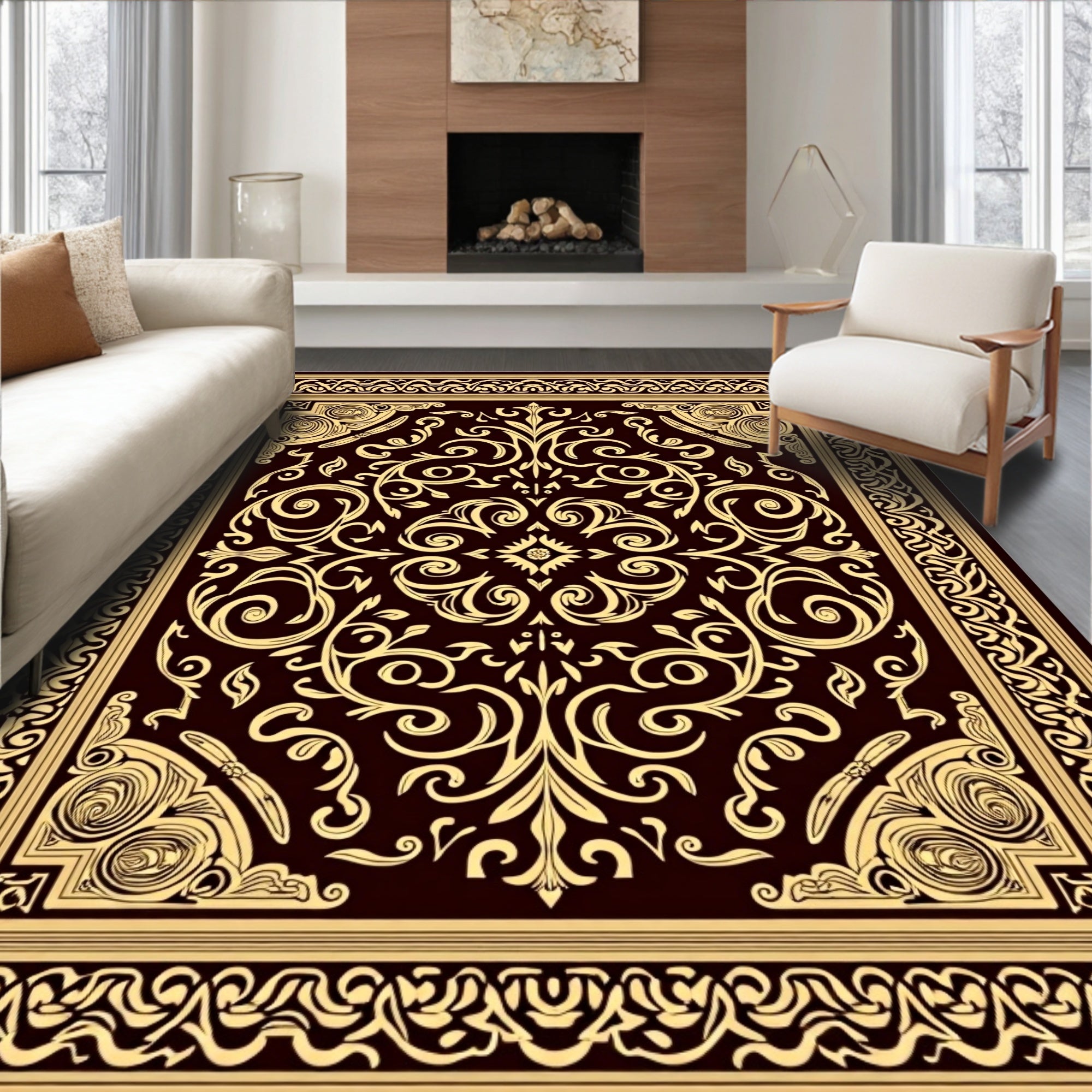 Ornate Golden Swirl Floral Border Rug