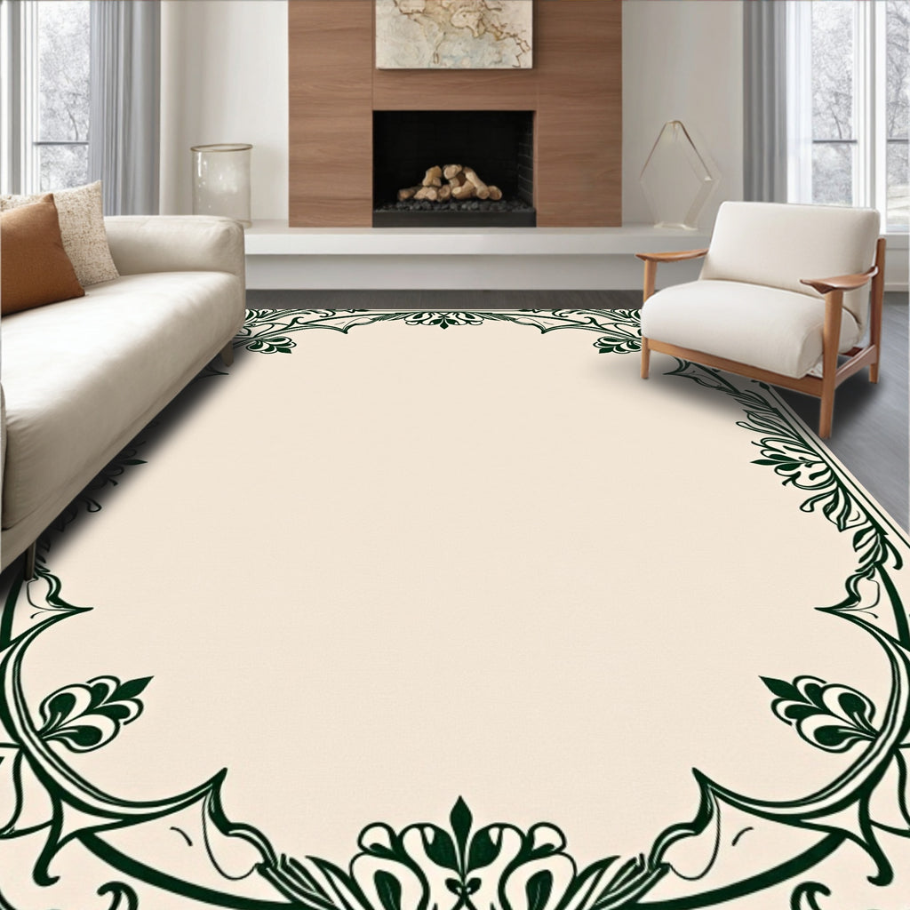 Dark Green Floral Accented Square Frame Rug
