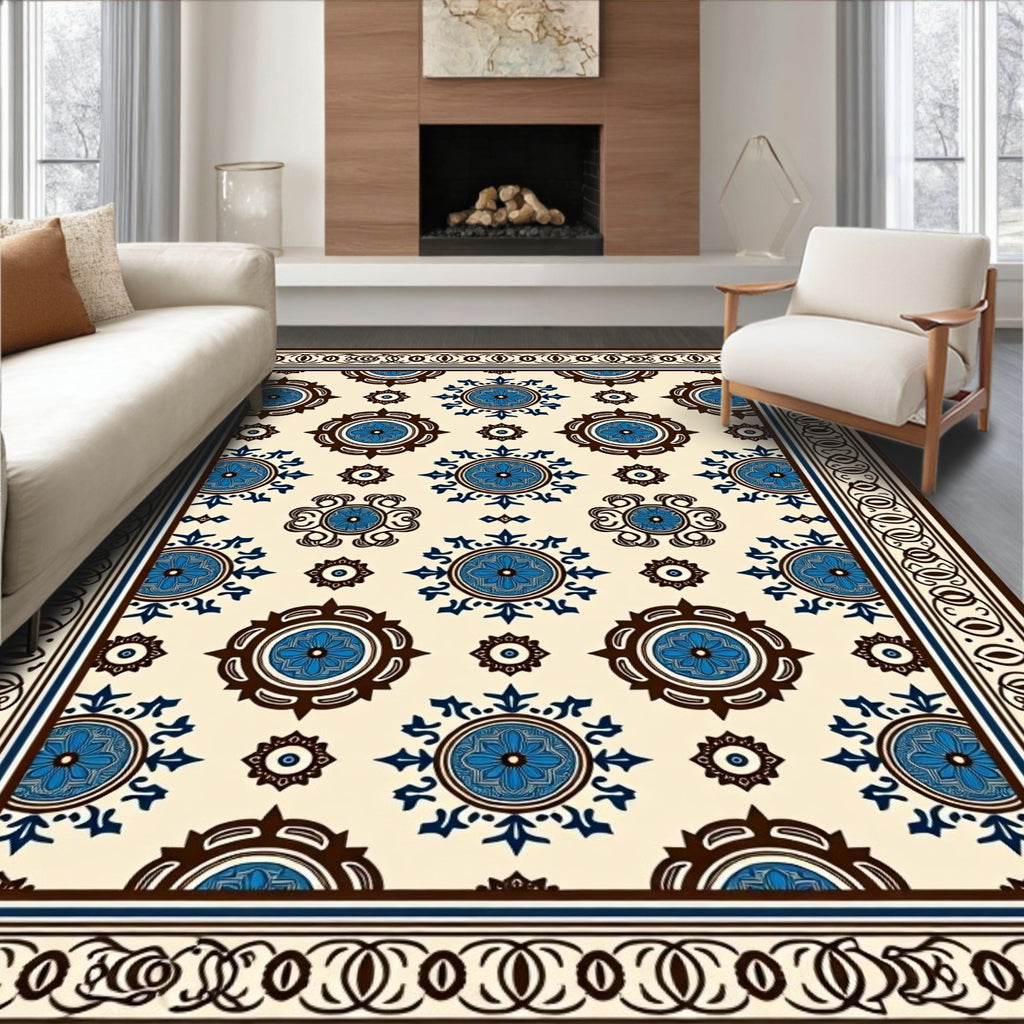 Cream Blue Brown Medallion Motif Rug