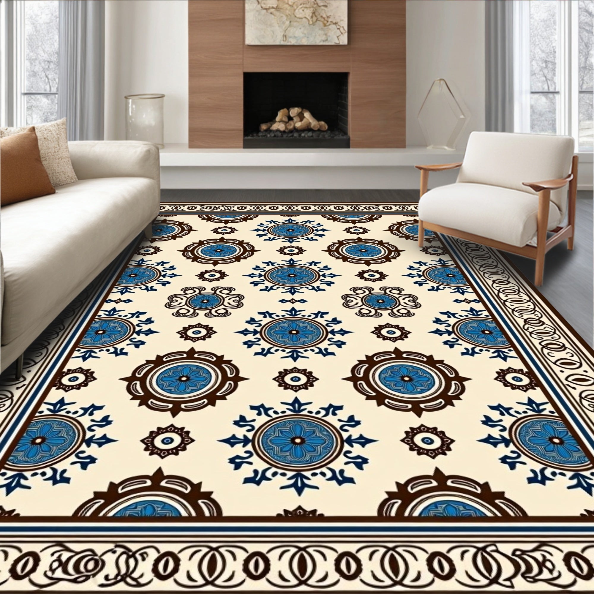 Cream Blue Brown Medallion Motif Rug