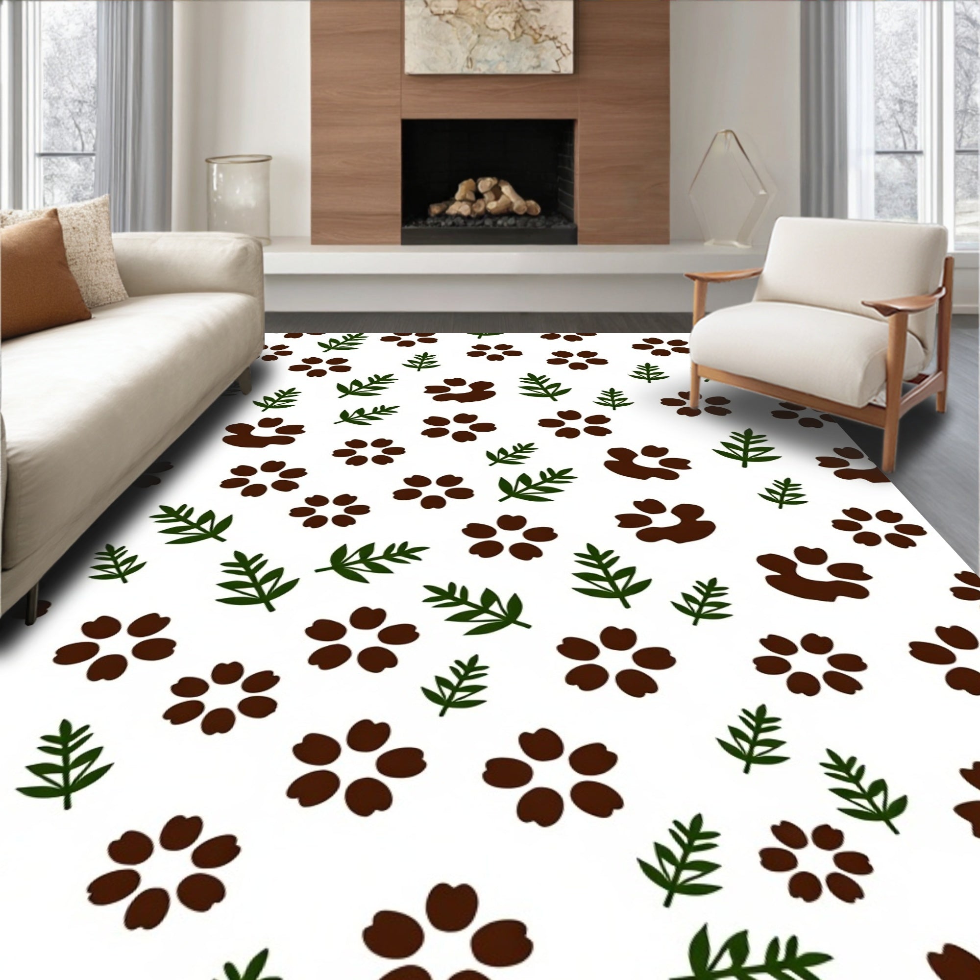 Brown Paw Prints Green Leaf Scatter Rug
