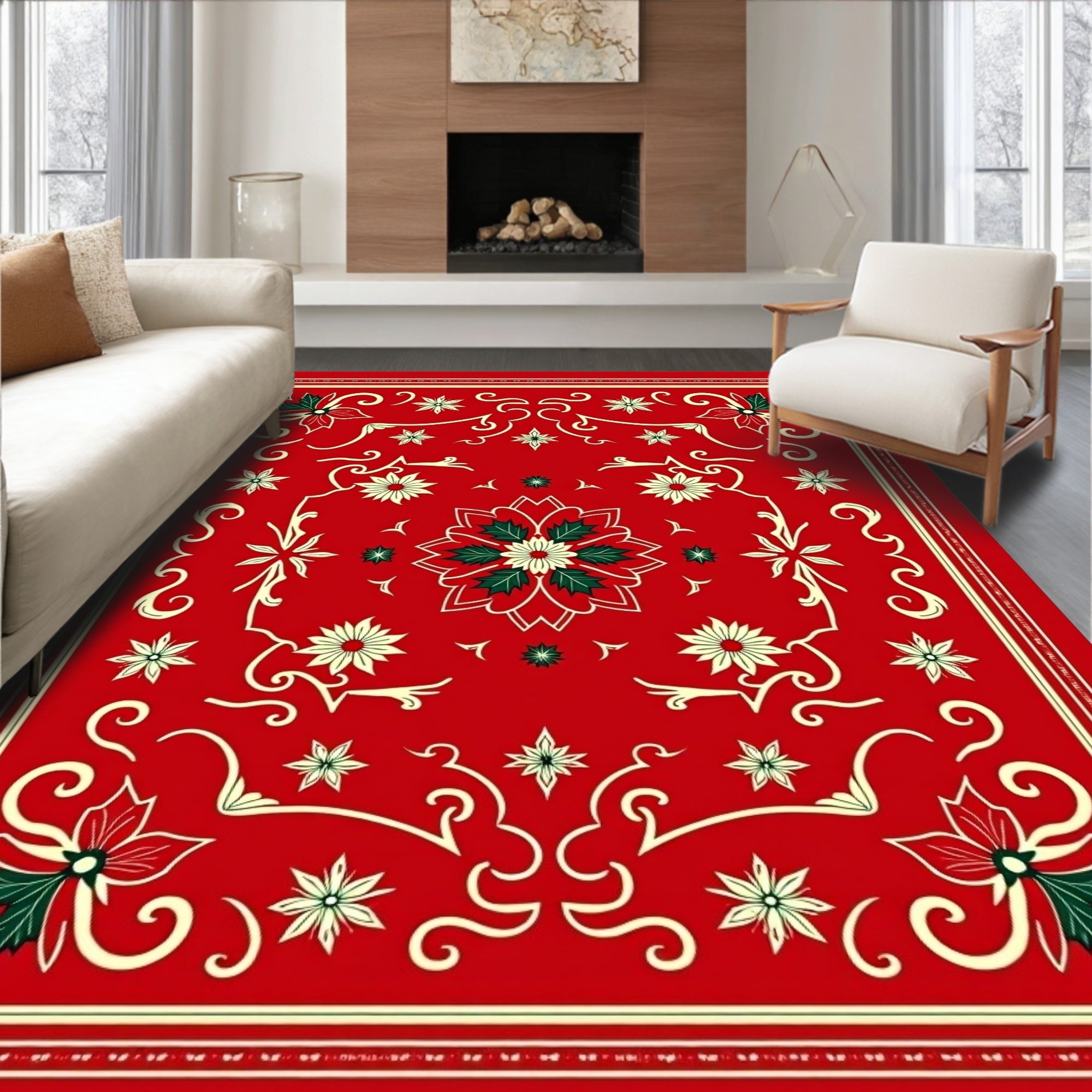 Crimson Poinsettia Swirl Ornament Rug