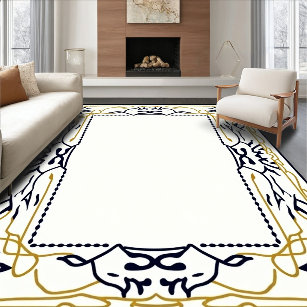 Elegant Gold and Navy Botanical Frame Rug