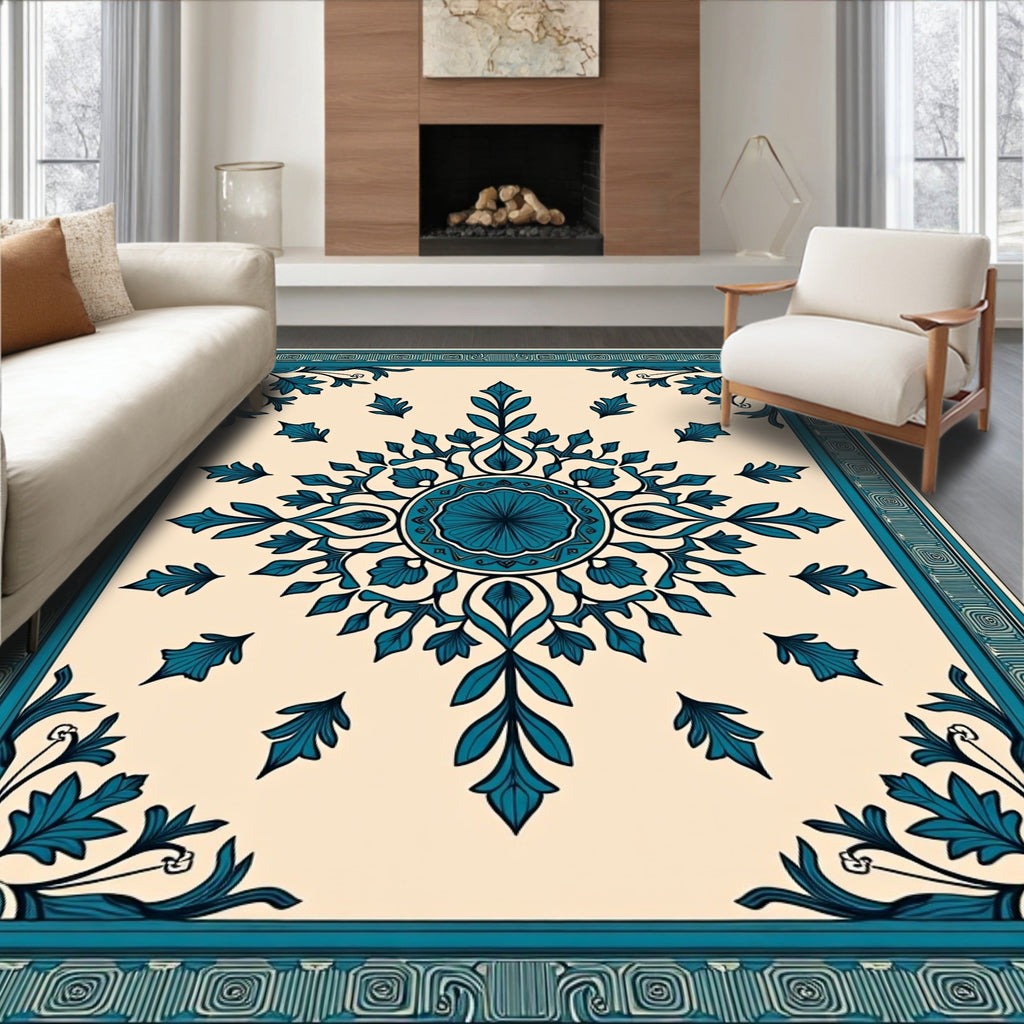 Cream Teal Floral Mandala Rug