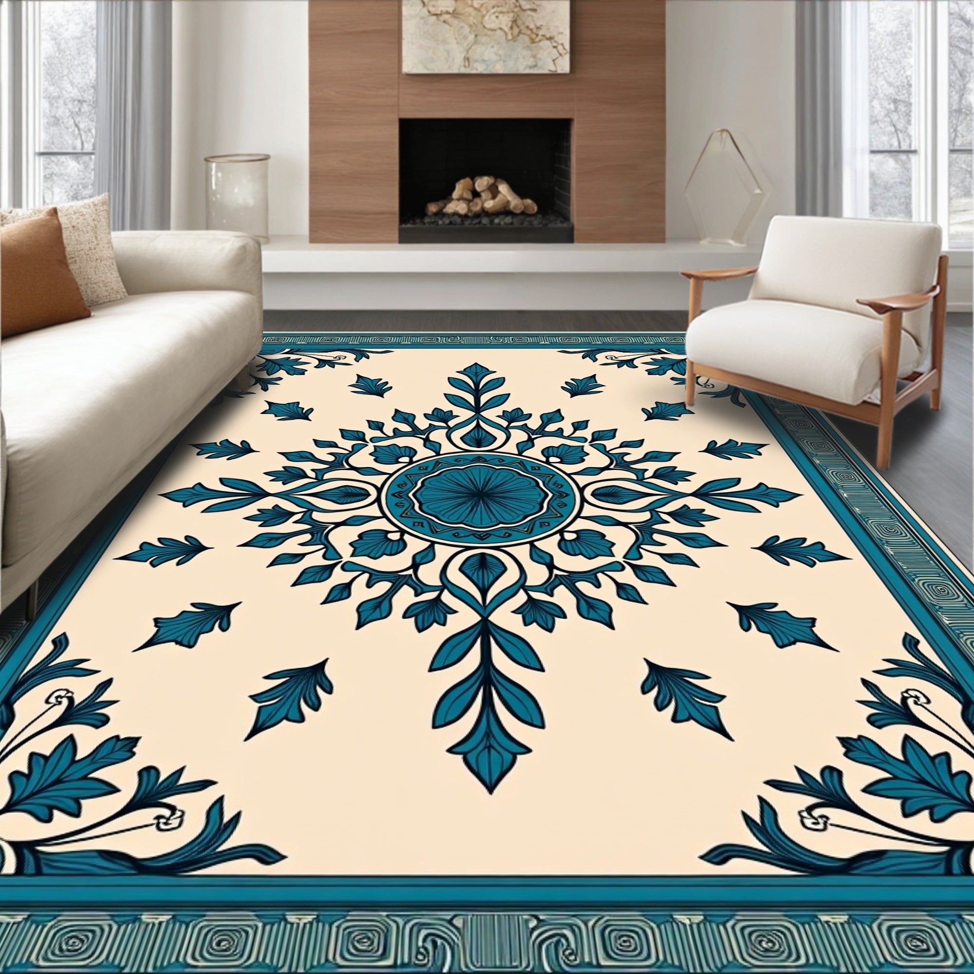 Cream Teal Floral Mandala Rug