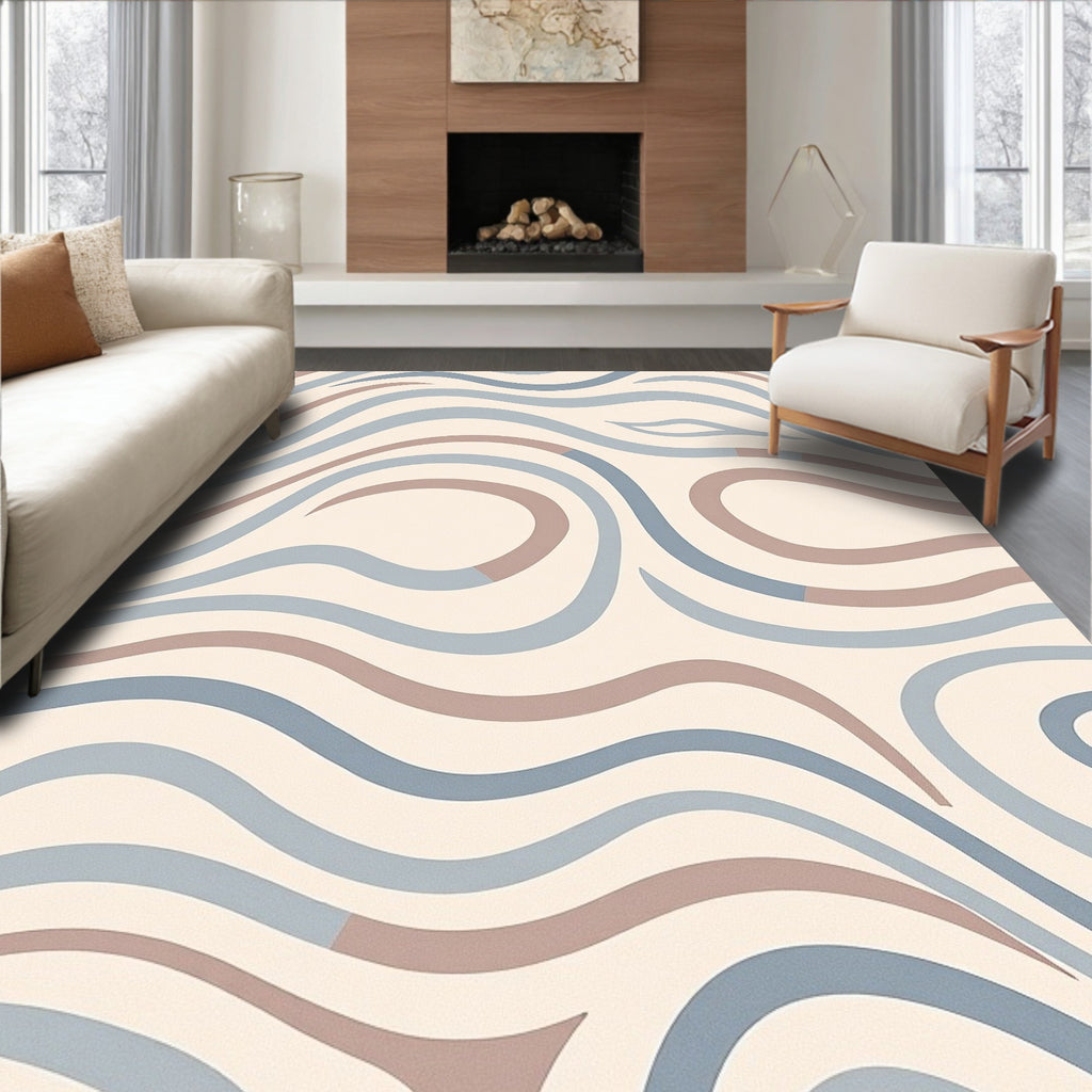 Cream Blue Brown Wavy Lines Rug