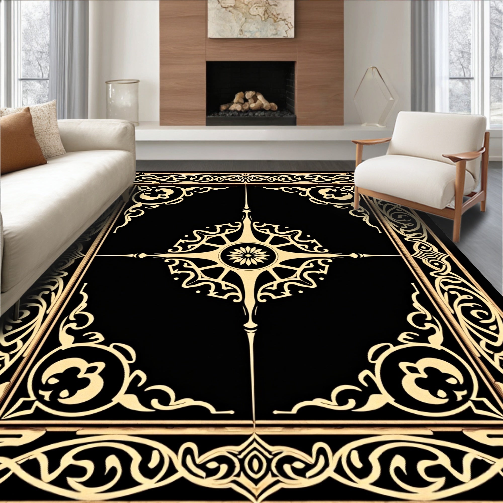 Black Gold Ornate Art Nouveau Rug