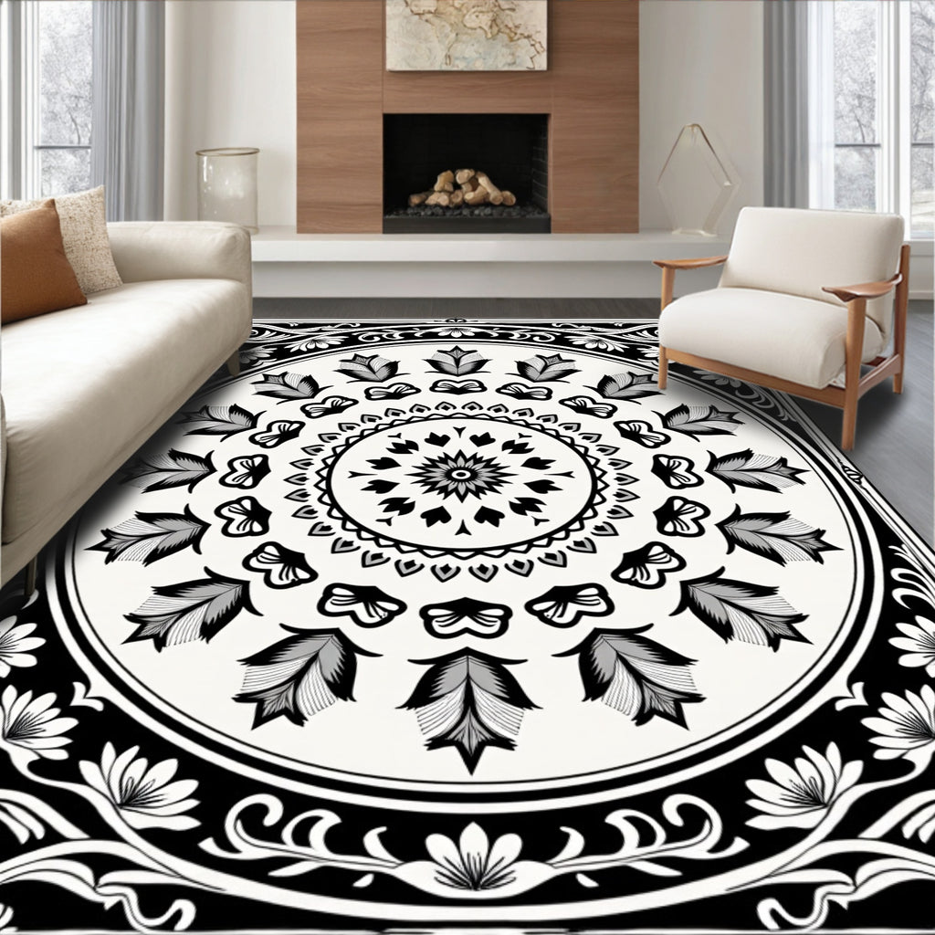 Intricate Black White Floral Medallion Rug