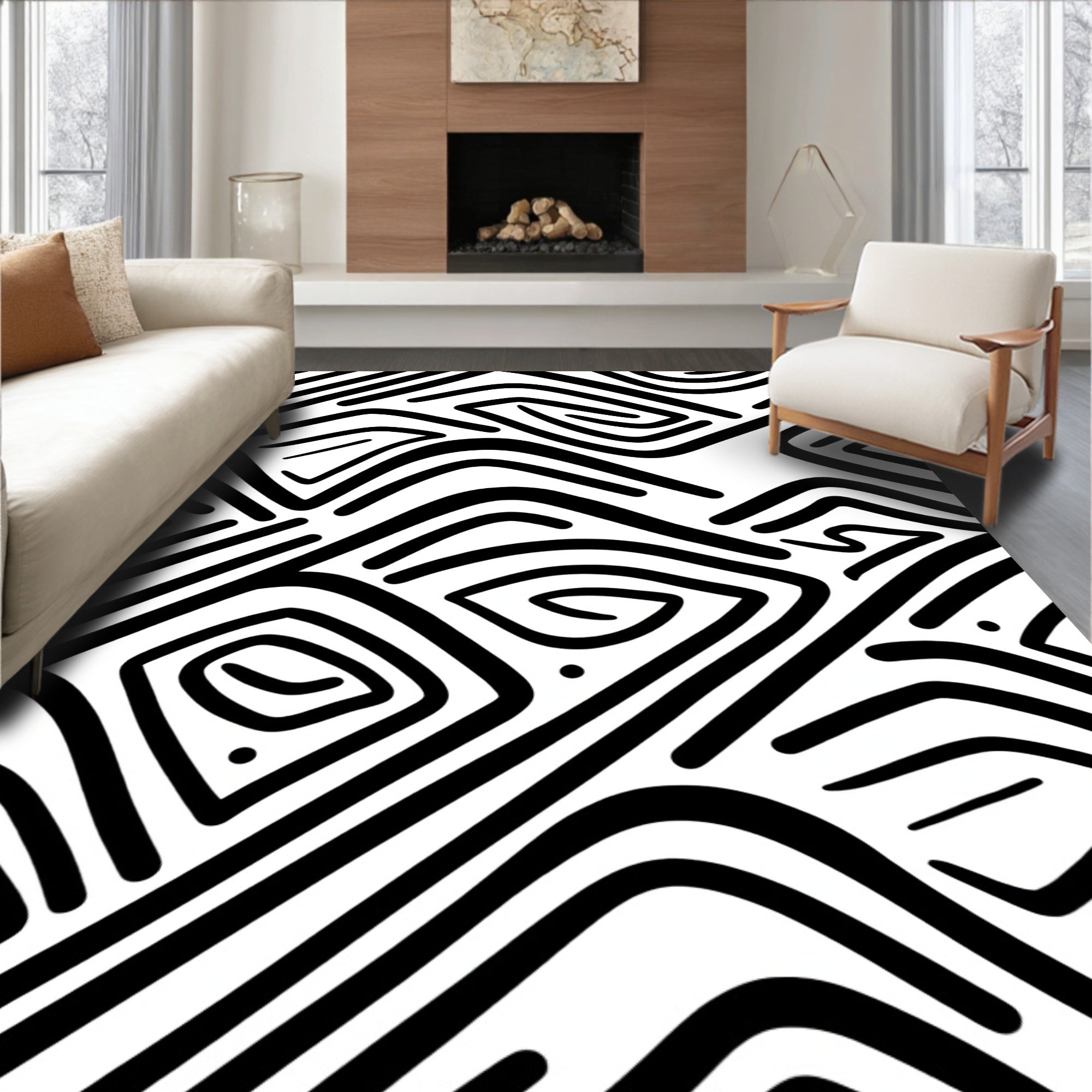 Bold Black Abstract Maze Rug