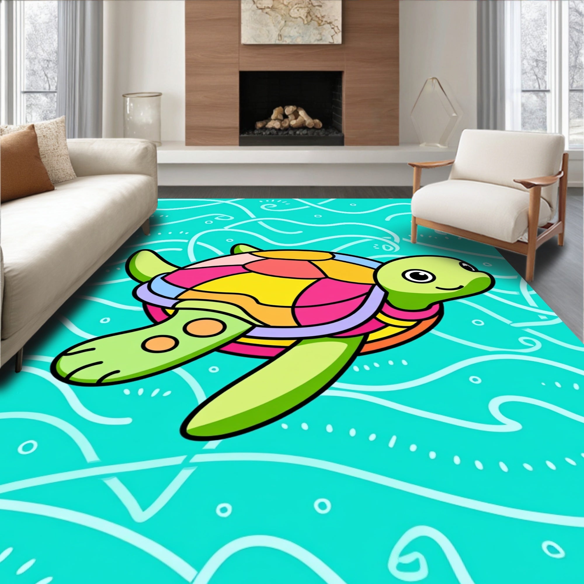 Happy Colorful Turtle Ocean Waves Rug